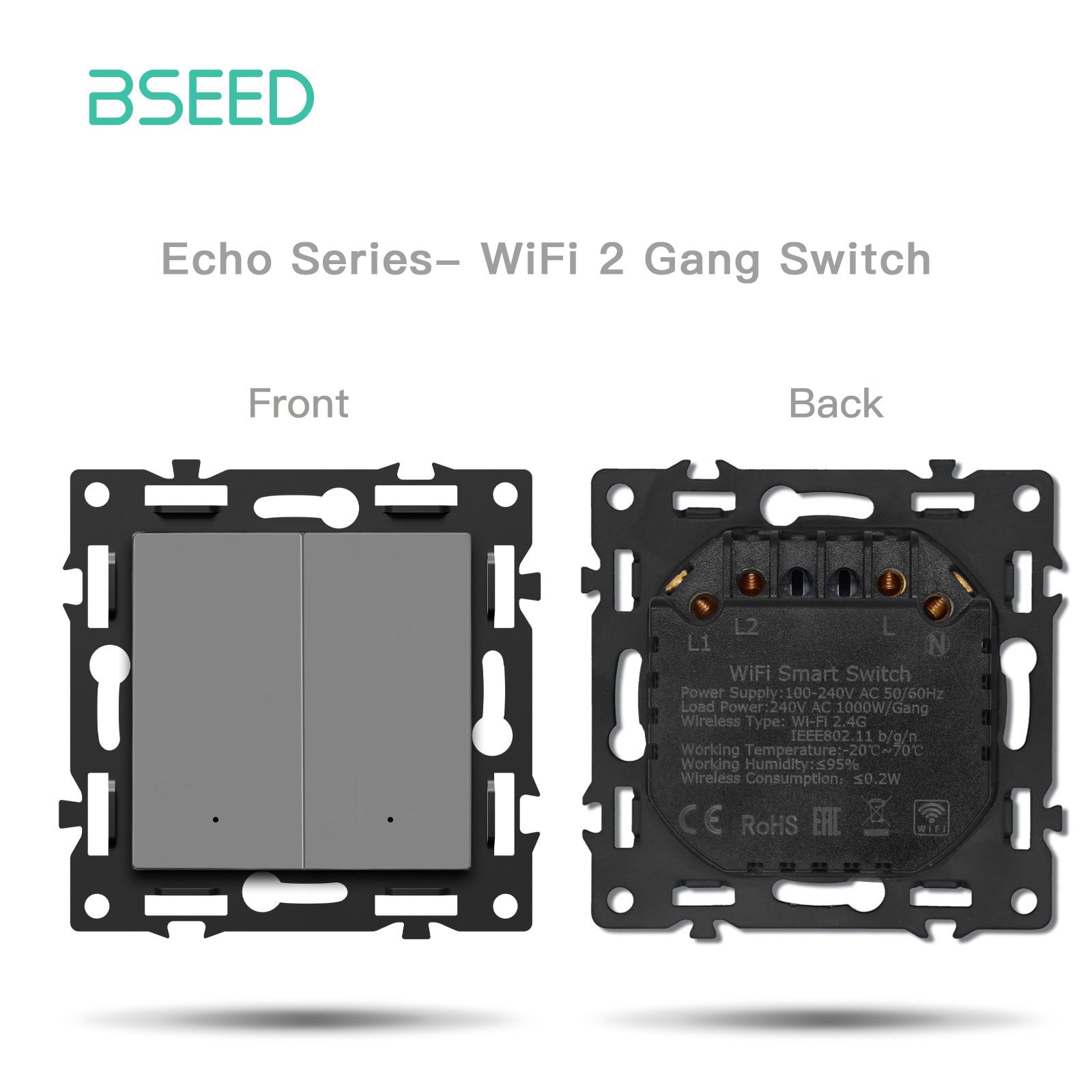 BSEED DIY Pièce personnalisée Combinaisons libres Interrupteur mécanique light switch Prise murale Insert Couleur grise Panneau en verre cristal Interrupteurs light switch Bseedswitch Wifi 2 Gang Switch avec neutre 