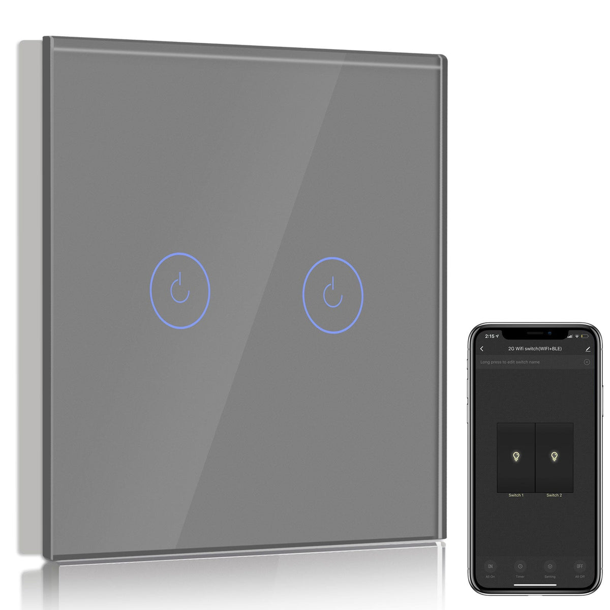 Bseed Smart Wifi Light Switch Wall Switch (With Neutral) Light Switches Bseedswitch Grey 1Pcs/Pack 2 Gang