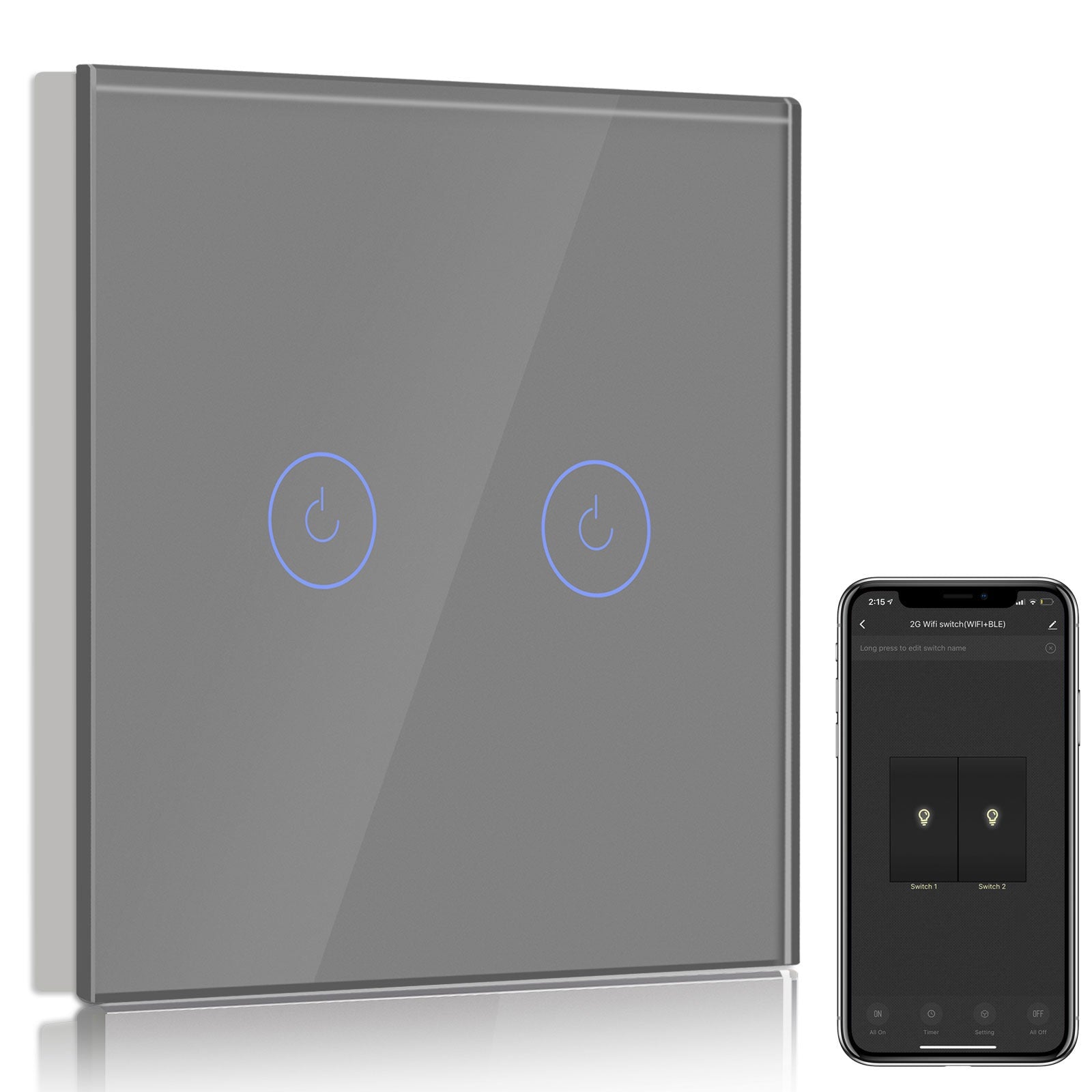 Bseed Smart Wifi Light Switch Wall Switch (With Neutral) Light Switches Bseedswitch Grey 1Pcs/Pack 2 Gang