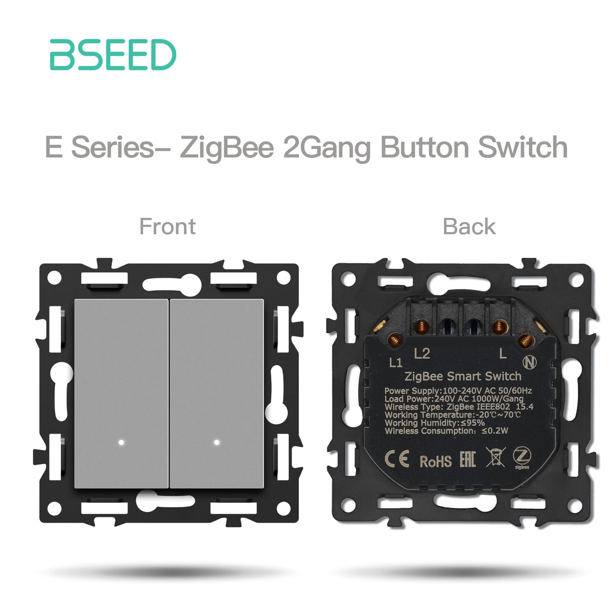 BSEED DIY Part Customized Free Combinations Mechanical Light Switch Wall Socket Insert Grey Color Crystal Glass Panel Light Switches Bseedswitch Zigbee 2 Gang Switch with Neutral 
