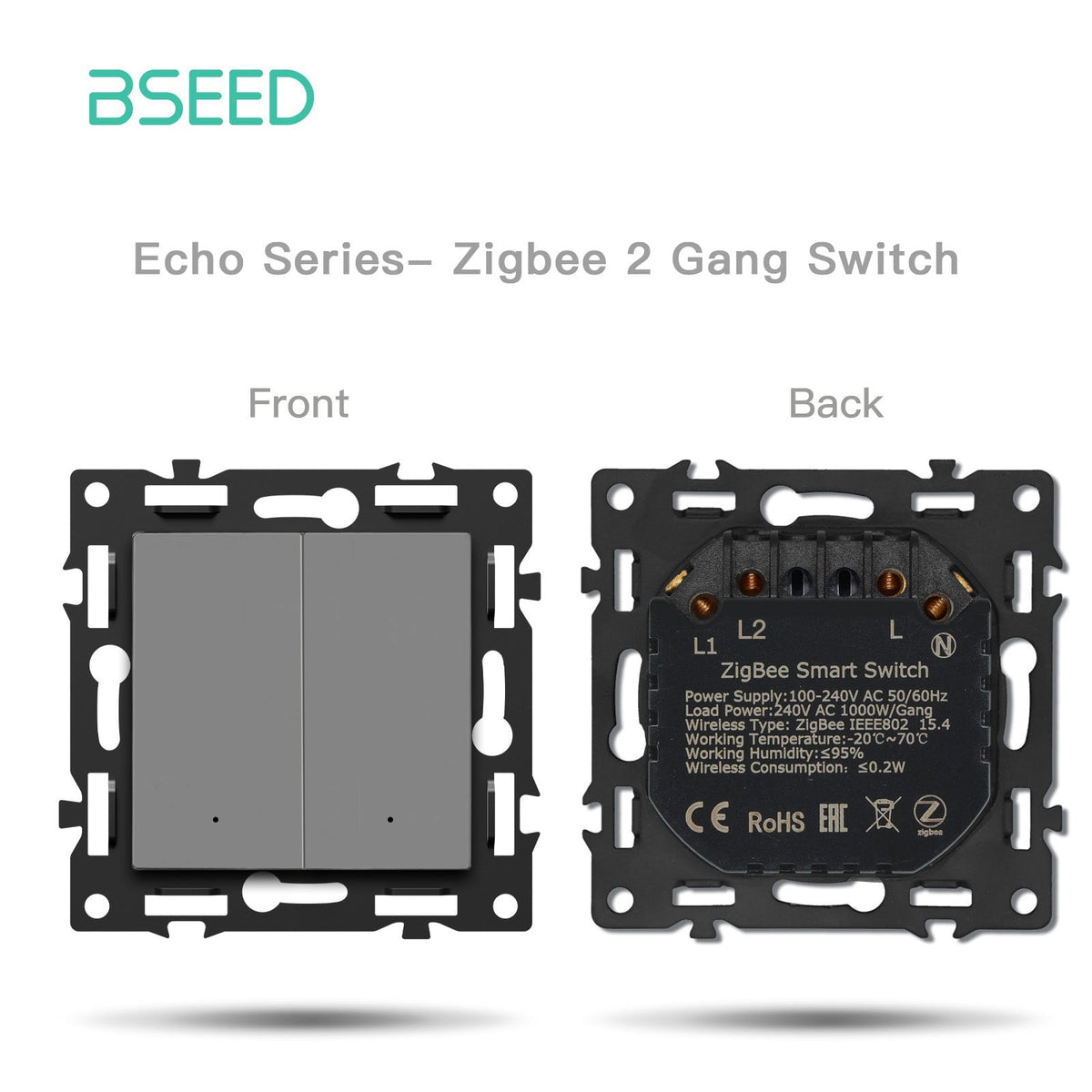 BSEED DIY Part Customized Free Combinations Mechanical Light Switch Wall Socket Insert Grey Color Crystal Glass Panel Light Switches Bseedswitch Zigbee 2 Gang Switch with Neutral 