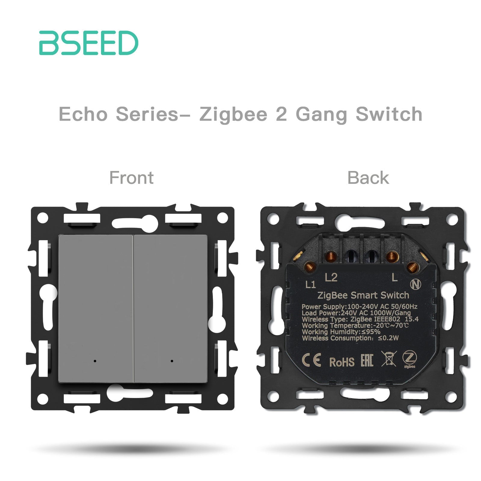 Pièce DIY BSEED, combinaisons personnalisées, light switch mécanique, insert de prise murale, couleur grise, panneau en verre cristal, interrupteurs, light switch Zigbee 2 Gang avec neutre. 