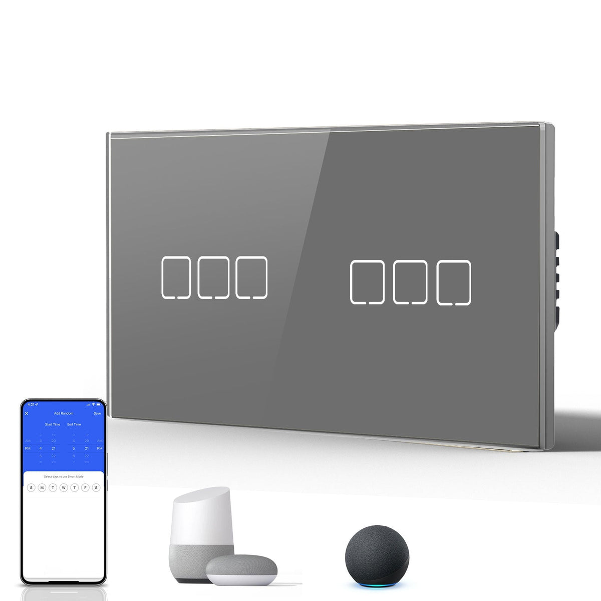 Echo Serie Smart Wifi Light Switch (With Neutral) Glass Panel Light Switches Bseedswitch Gray 3 Gang 157mm