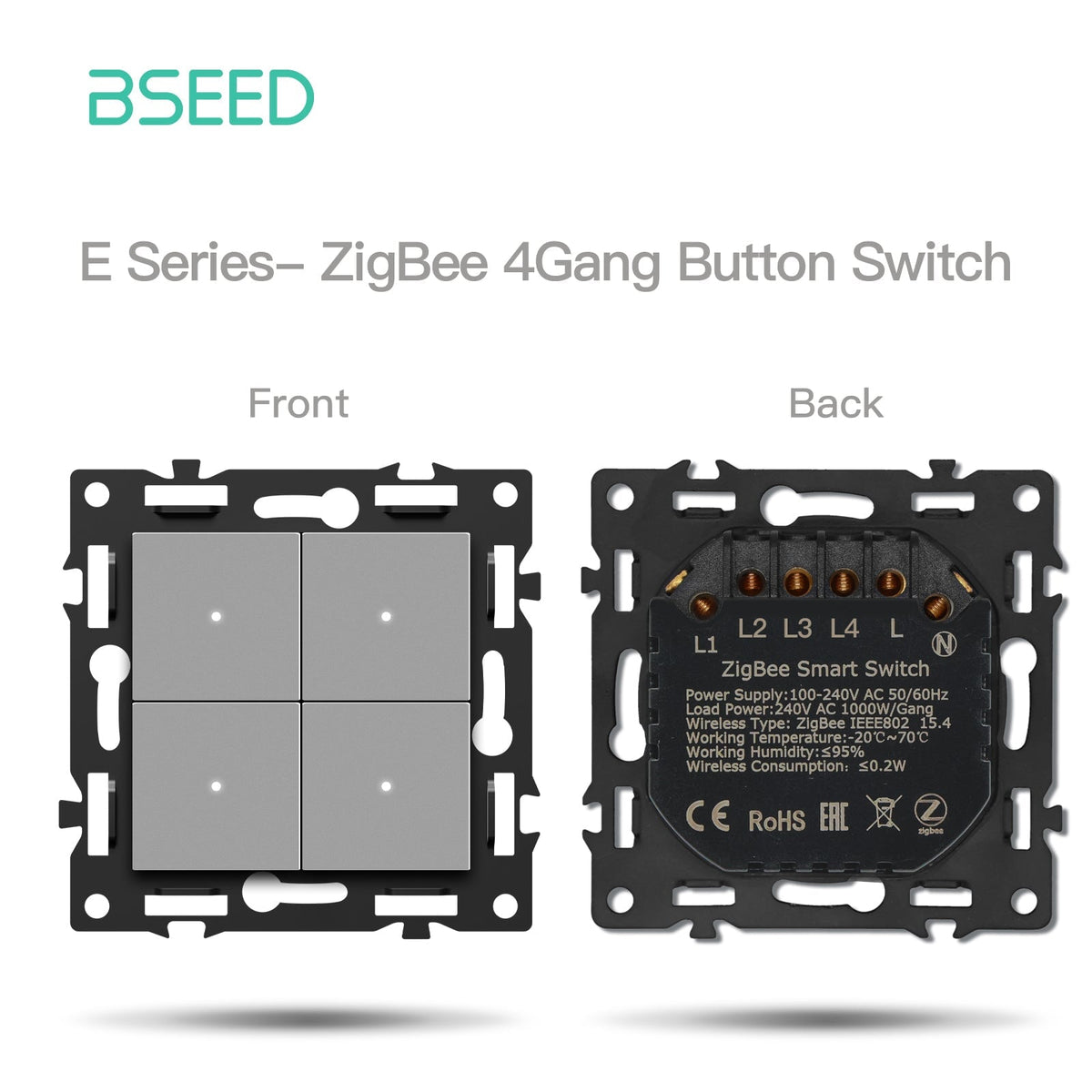 BSEED DIY Part Customized Free Combinations Mechanical Light Switch Wall Socket Insert Grey Color Crystal Glass Panel Light Switches Bseedswitch Zigbee 4 Gang Switch with Neutral 