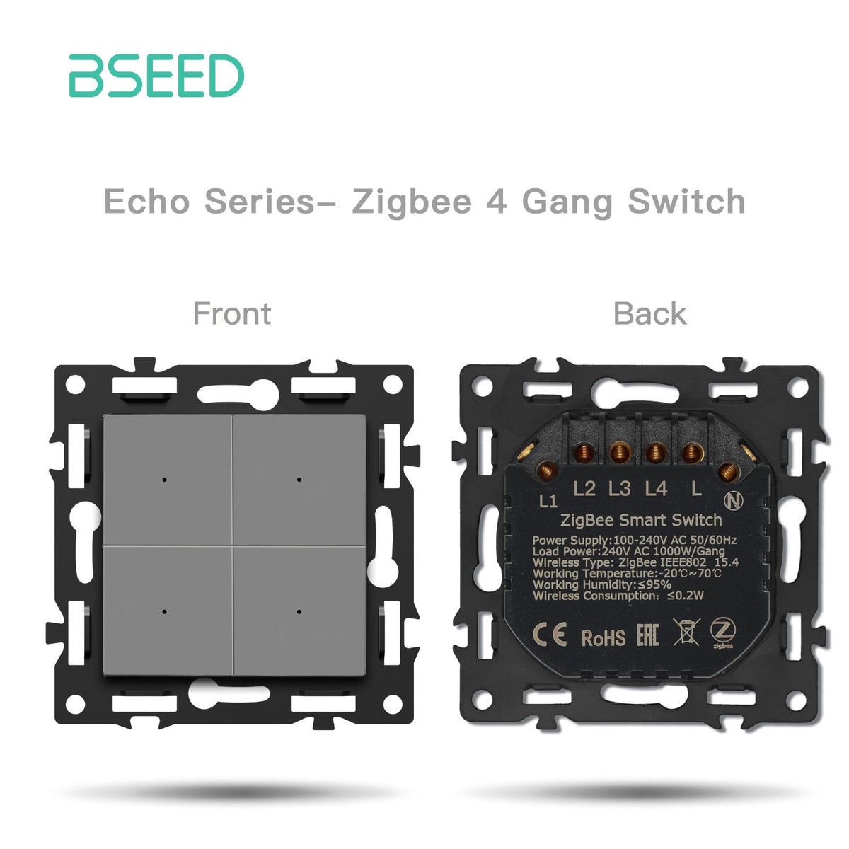 BSEED DIY Part Customized Free Combinations Mechanical Light Switch Wall Socket Insert Grey Color Crystal Glass Panel Light Switches Bseedswitch Zigbee 4 Gang Switch with Neutral 
