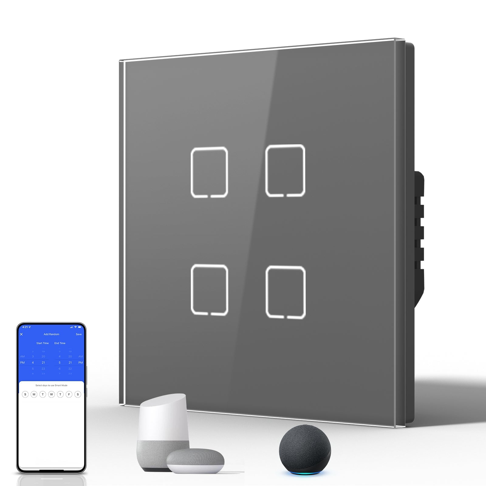 Echo Serie Smart Zigbee Light Switch (With Neutral) Glass Panel Light Switches Bseedswitch Grey 4 Gang 86mm