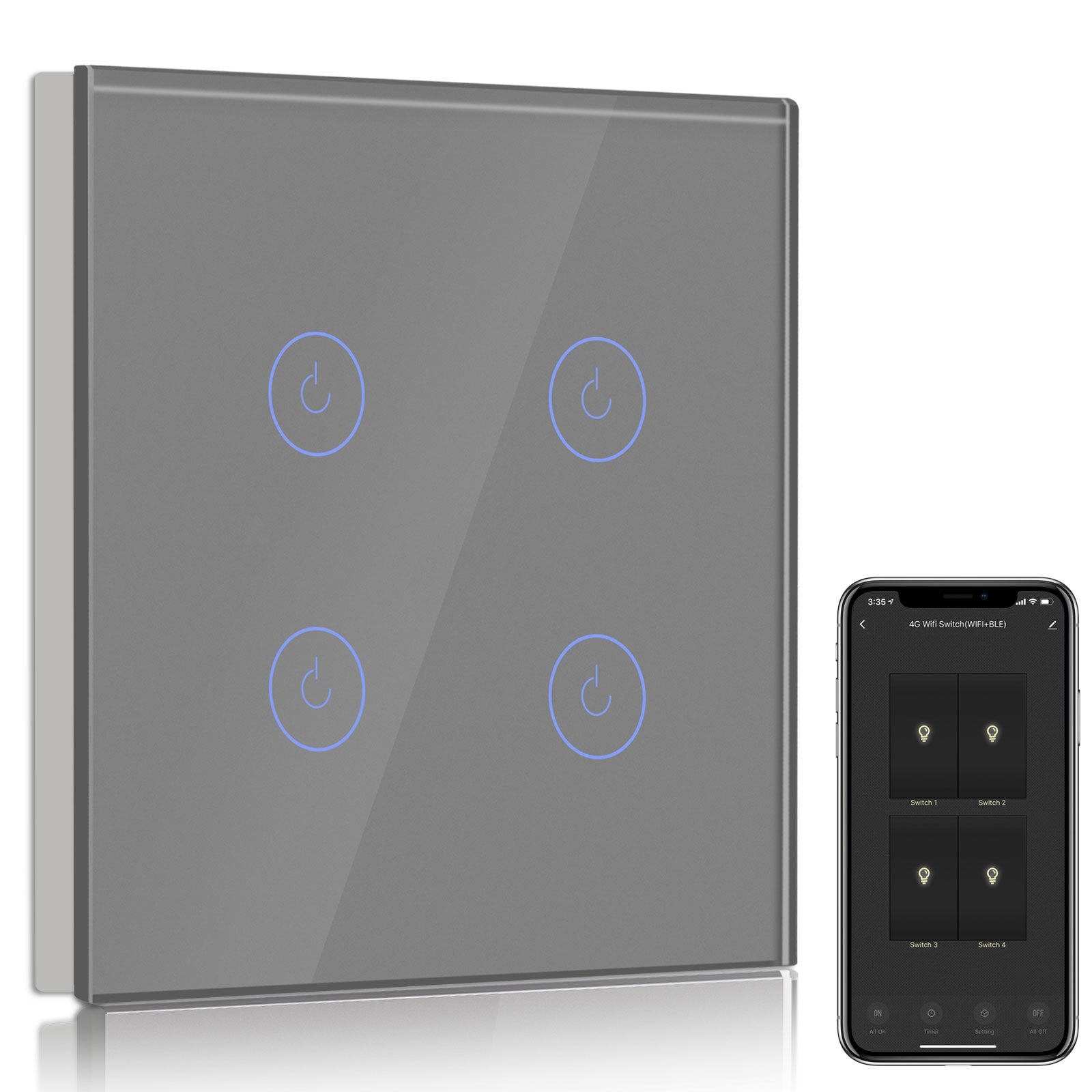 Bseed Smart Wifi Light Switch Wall Switch (With Neutral) Light Switches Bseedswitch Grey 1Pcs/Pack 4 Gang
