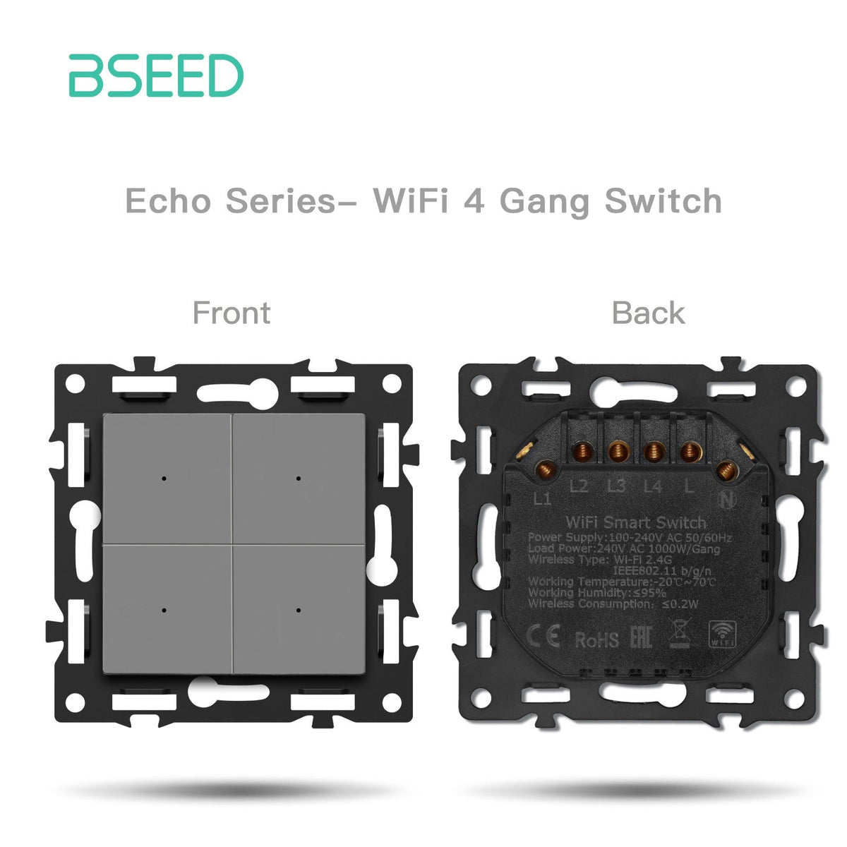 BSEED DIY Part Customized Free Combinations Mechanical Light Switch Wall Socket Insert Grey Color Crystal Glass Panel Light Switches Bseedswitch Wifi 4 Gang Switch with Neutral 