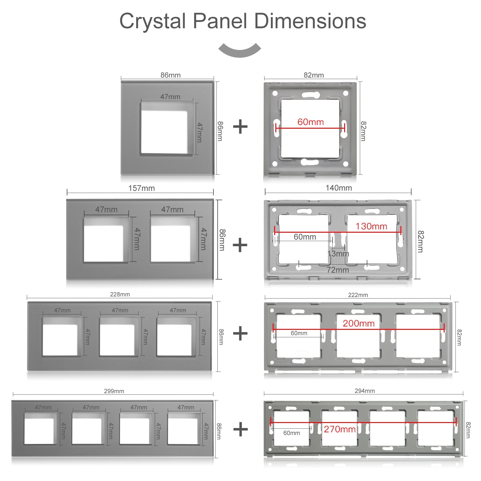 Bseed Crystal Glass Frame Smart Switch Socket Frame USB RJ45 Socket TV Satellite Wall Plug Function Parts DIY Free Combination Grey Color socket Bseedswitch 