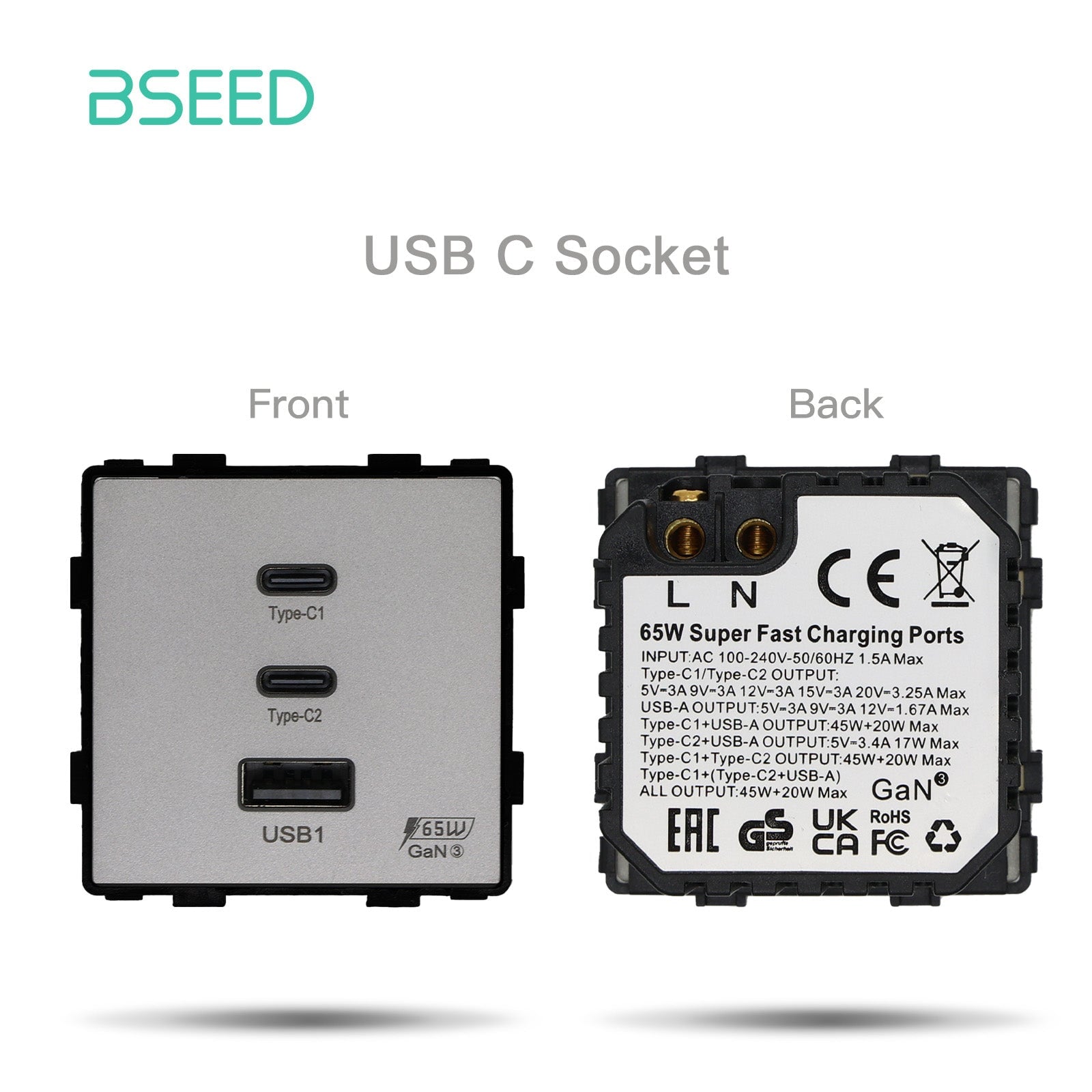 Bseed Crystal Glass Frame Smart Switch Socket Frame USB RJ45 Socket TV Satellite Wall Plug Function Parts DIY Free Combination Grey Color socket Bseedswitch 65W USB Type-C 