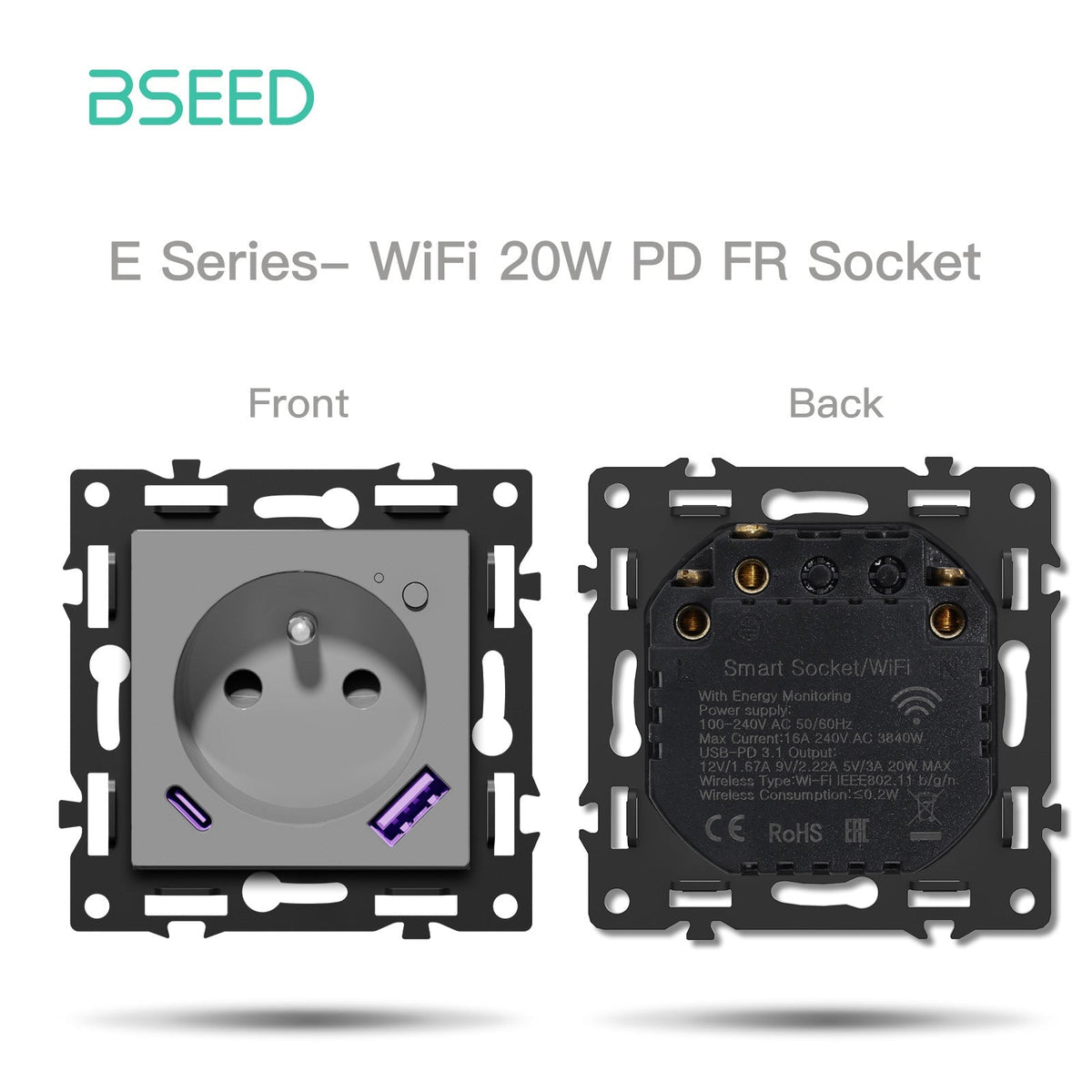 Click Series DIY Part Customized Free Combinations Smart Wifi Switch Socket Insert Grey Color Crystal Glass Panel Light Switches Bseedswitch Wifi French socket with Energy Monitoring with 20W AC 
