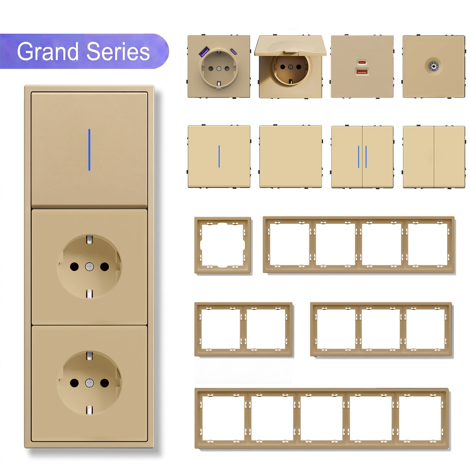 Grand Series doe-het-zelf onderdelen, aanpasbare combinaties, kunststof panelen, goudkleurige stopcontacten en schakelaars van Bseedswitch 