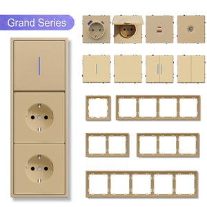 Grand Series doe-het-zelf onderdelen, aanpasbare combinaties, kunststof panelen, goudkleurige stopcontacten en schakelaars van Bseedswitch 