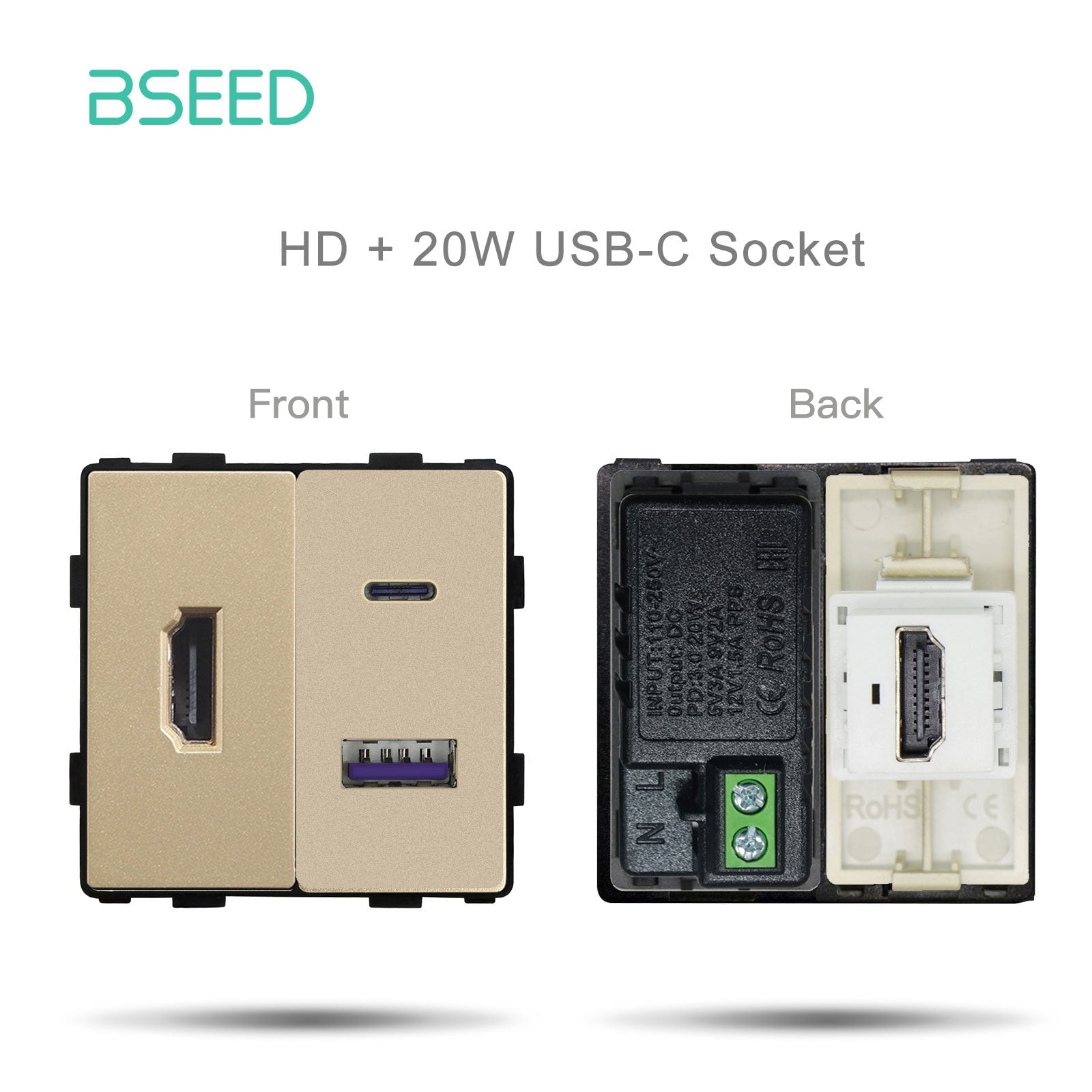 Bseed EU UK Russia Standard Plastic Socket Button Switch Function Key DIY Home Improvement Wall Plates & Covers Bseedswitch Gold HD with USB-C Function Key 