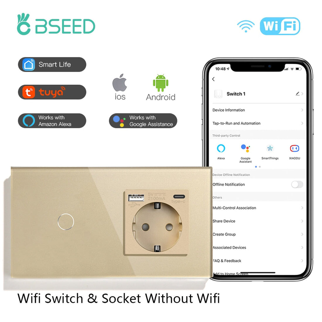 BSEED 3Gang 1/2/3 way Wifi Control Light Switch Touch Sensor Switch Wall  Switch Crystal Class Panel Smart Switch Google Alexa