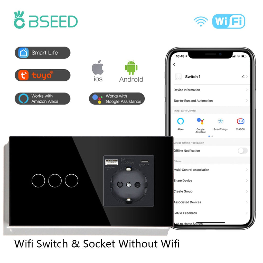BSEED Smart Alexa Lichtschalter 1 Fach 2 Wege Wifi Smart Lichtschalter  arbeitet mit  Alexa and Google Home,Glas Touchscreen-schalter  Schwarz-2