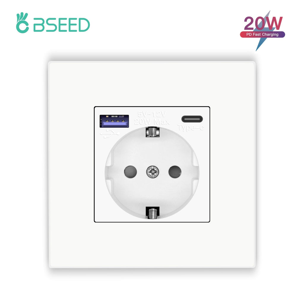 BSEED EU sockets with 20W PD Fast Charge Type-C PC Panel Power Outlets & Sockets Bseedswitch 