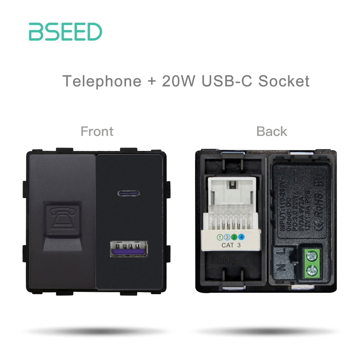 Bseed EU UK Russia Standard Prise électrique et interrupteur en plastique, touche de fonction DIY pour rénovation, plaque murale et cache Bseedswitch noir TEL avec touche de fonction USB-C 