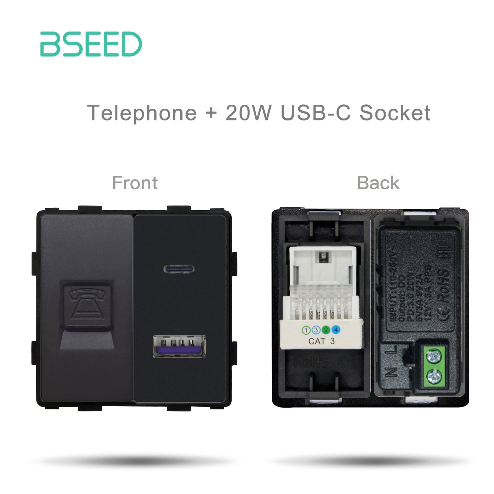 Bseed EU UK Russia Standard Plastic Socket Button Switch Function Key DIY Home Improvement Wall Plates & Covers Bseedswitch Black TEL WithUSB-C Function Key 