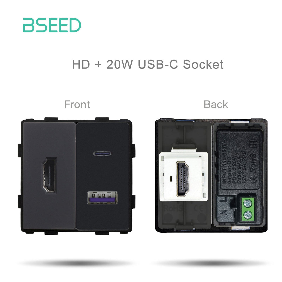 Bseed Prise standard UE/UK/Russie, bouton-poussoir, touche de fonction, bricolage, plaques et couvercles muraux, Bseedswitch noir HD avec touche de fonction USB-C 