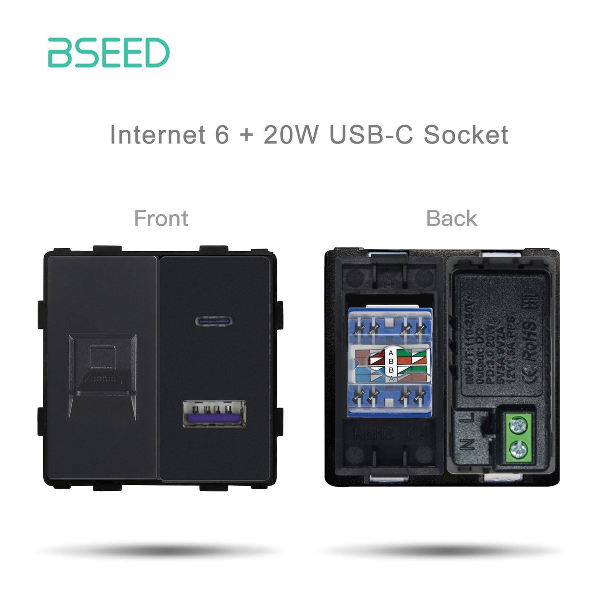 Bseed Prise standard UE/UK/Russie, bouton-poussoir, touche de fonction, amélioration de l'habitat, plaques et couvercles muraux, interrupteur Bseed noir pour ordinateur avec touche de fonction USB-C 