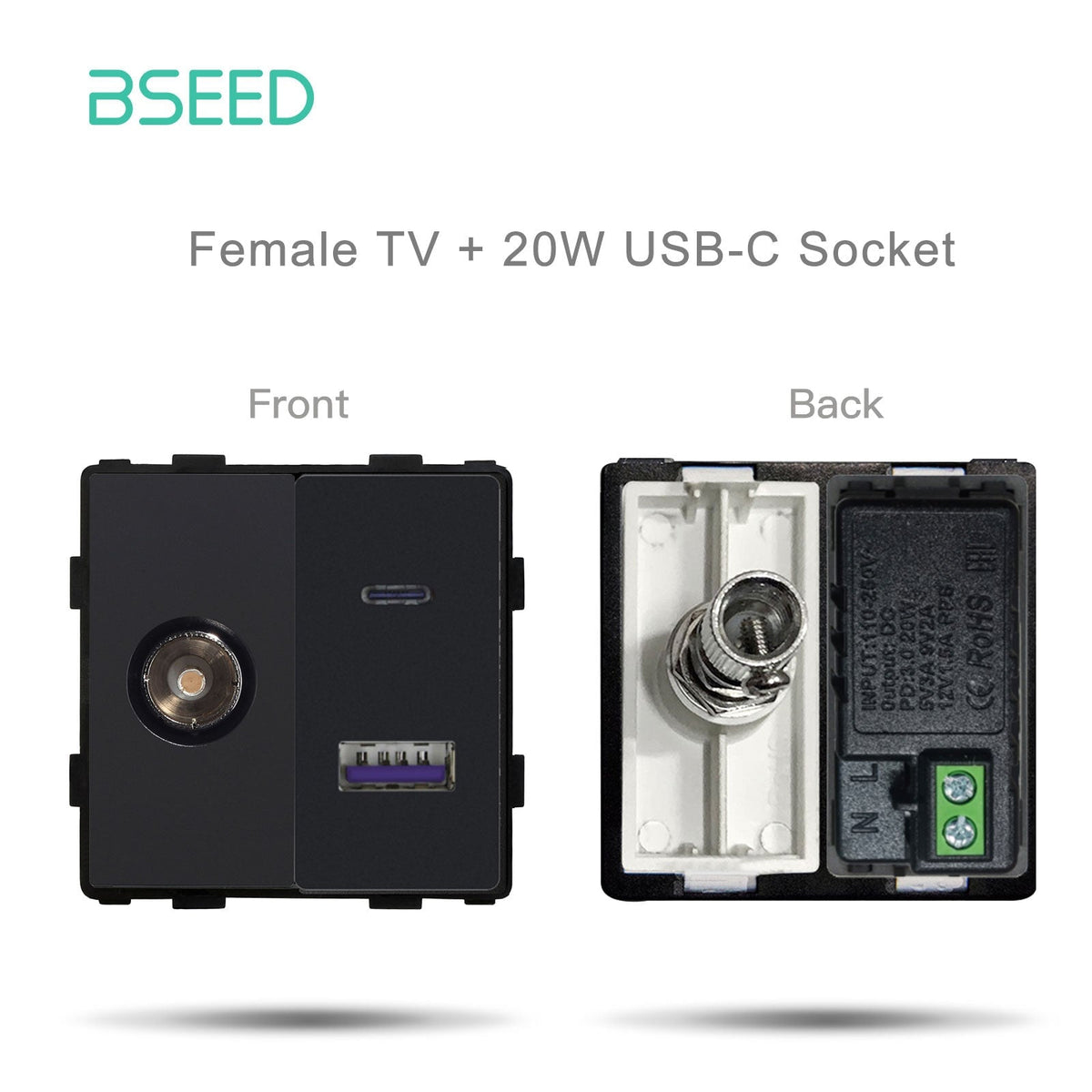 Bseed EU UK Russie Standard Prise en plastique Bouton Interrupteur Touche de fonction DIY Amélioration de l'habitat Plaques murales et couvercles Bseedswitch Noir TV femelle avec touche de fonction USB-C 