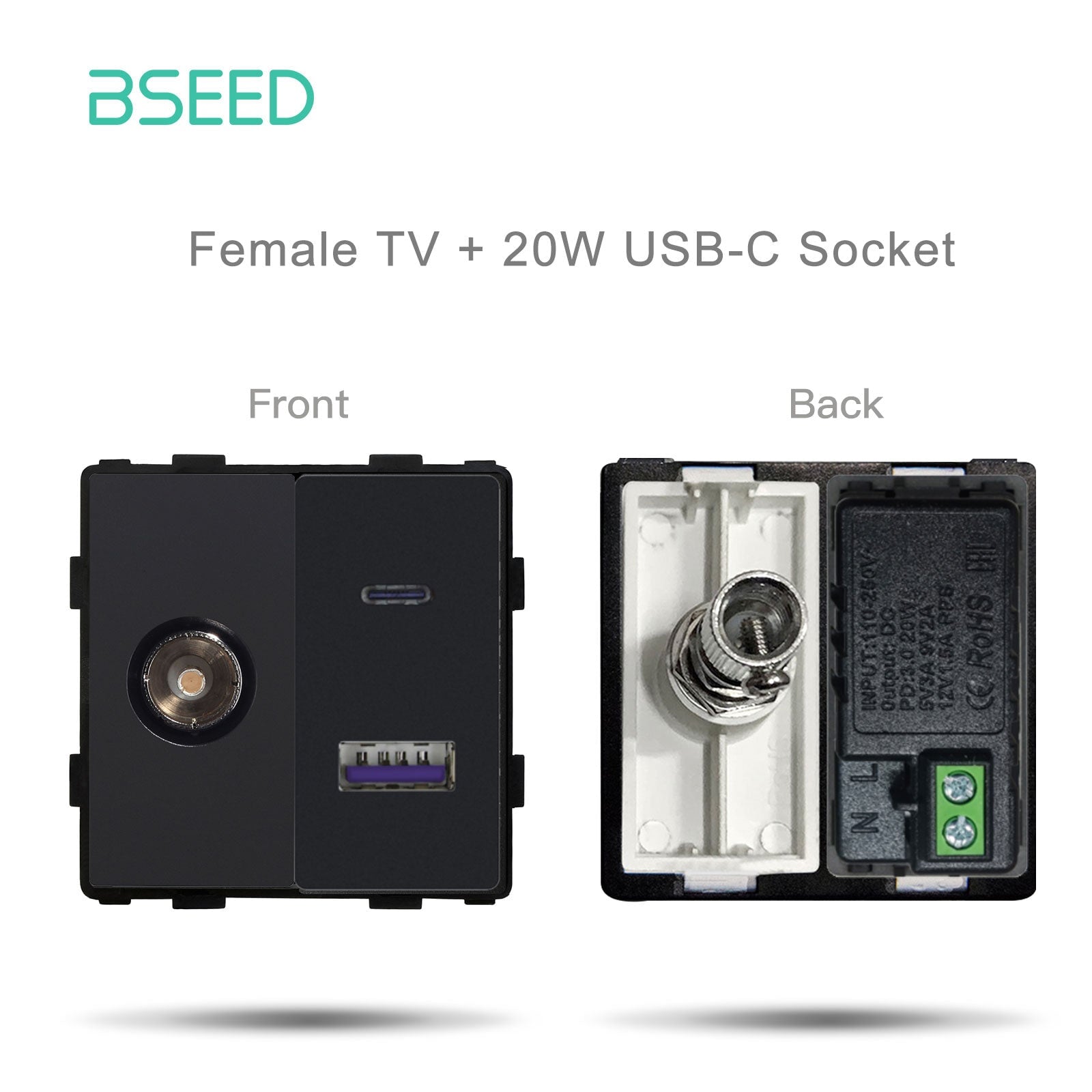 Bseed EU UK Russia Standard Plastic Socket Button Switch Function Key DIY Home Improvement Wall Plates & Covers Bseedswitch Black female TV With USB-C Function Key 