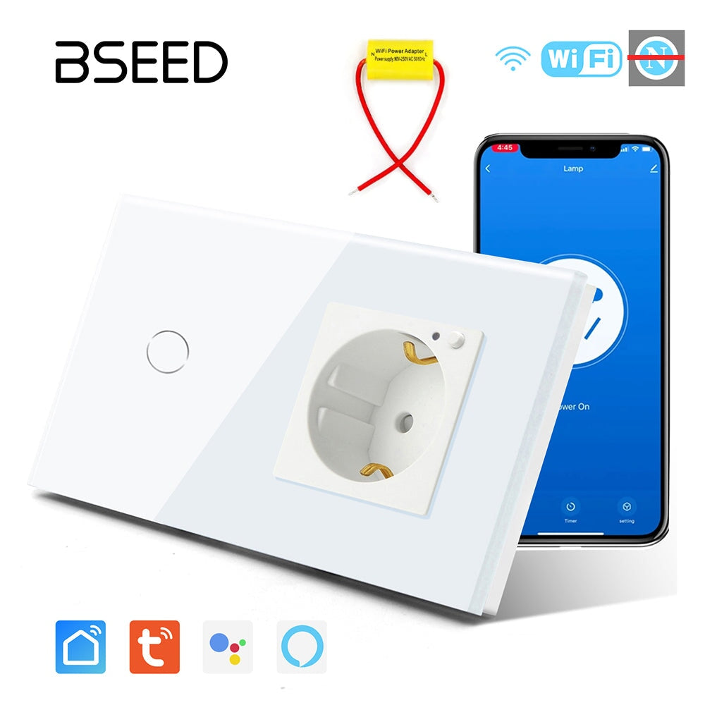 Bseed Smart Wifi Switch No neutral line With EU Single Wifi Socket 157mm Power Outlets & Sockets Bseedswitch White 1Gang 