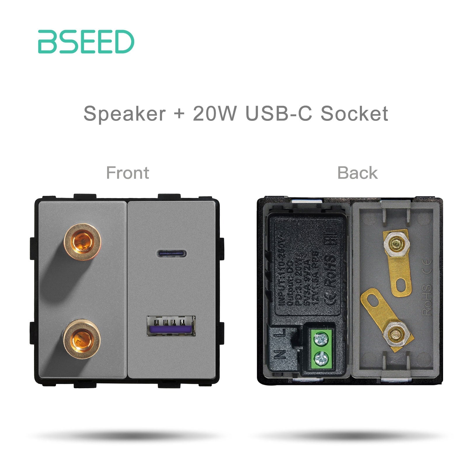 Bseed EU UK Russia Standard Plastic Socket Button Switch Function Key DIY Home Improvement Wall Plates & Covers Bseedswitch Grey SR with USB-C Function Key 