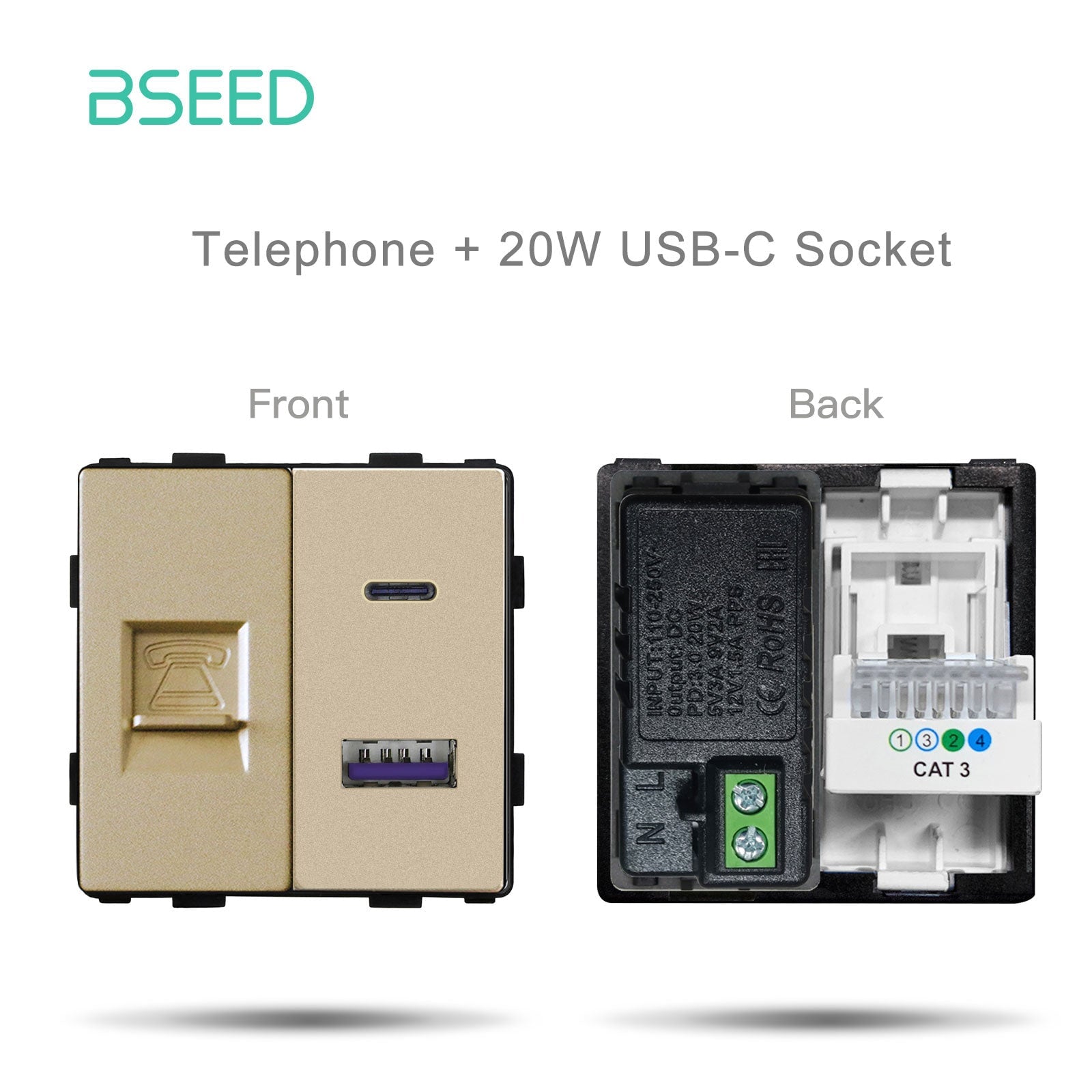 Bseed EU UK Russia Standard Plastic Socket Button Switch Function Key DIY Home Improvement Wall Plates & Covers Bseedswitch Gold TEL WithUSB-C Function Key 