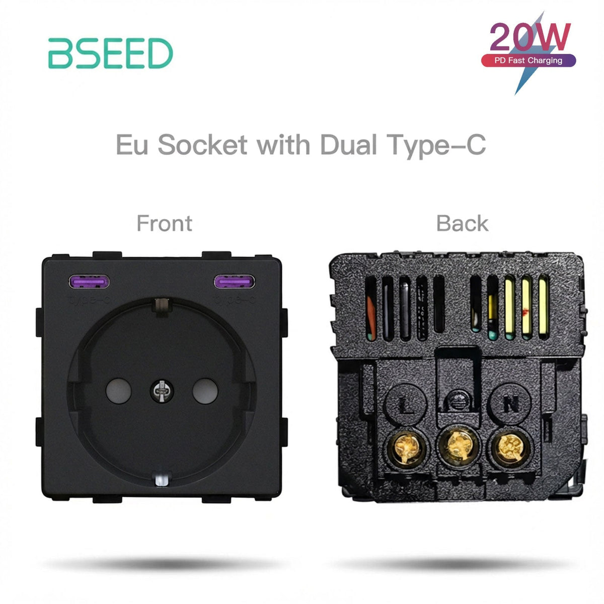 Bseed Crystal Glass Frame Smart Switch Socket Frame USB RJ45 Socket TV Satellite Wall Plug Function Parts DIY Free Combination Black Color Power Outlets & Sockets Bseedswitch Eu Socket with Double 20W Type-c 