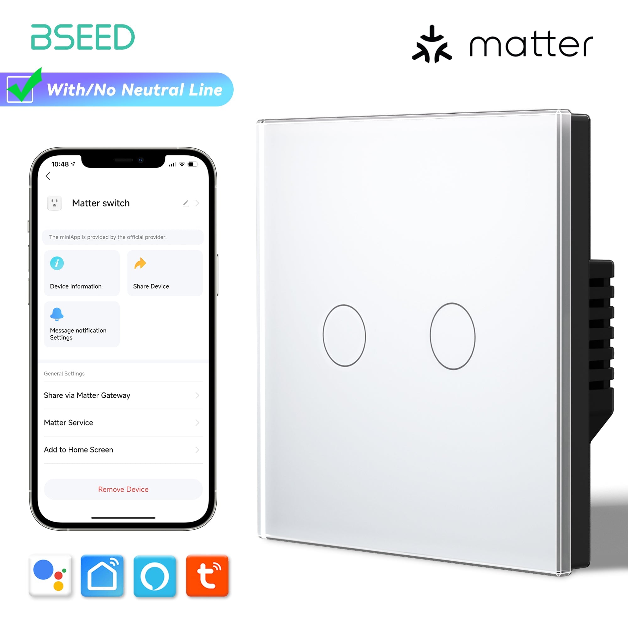 light switch inteligente Bseed Matter Wifi, interruptor de parede elétrico, interruptores de luz, Bseedswitch branco, 1 unidade/embalagem, 2 Gang