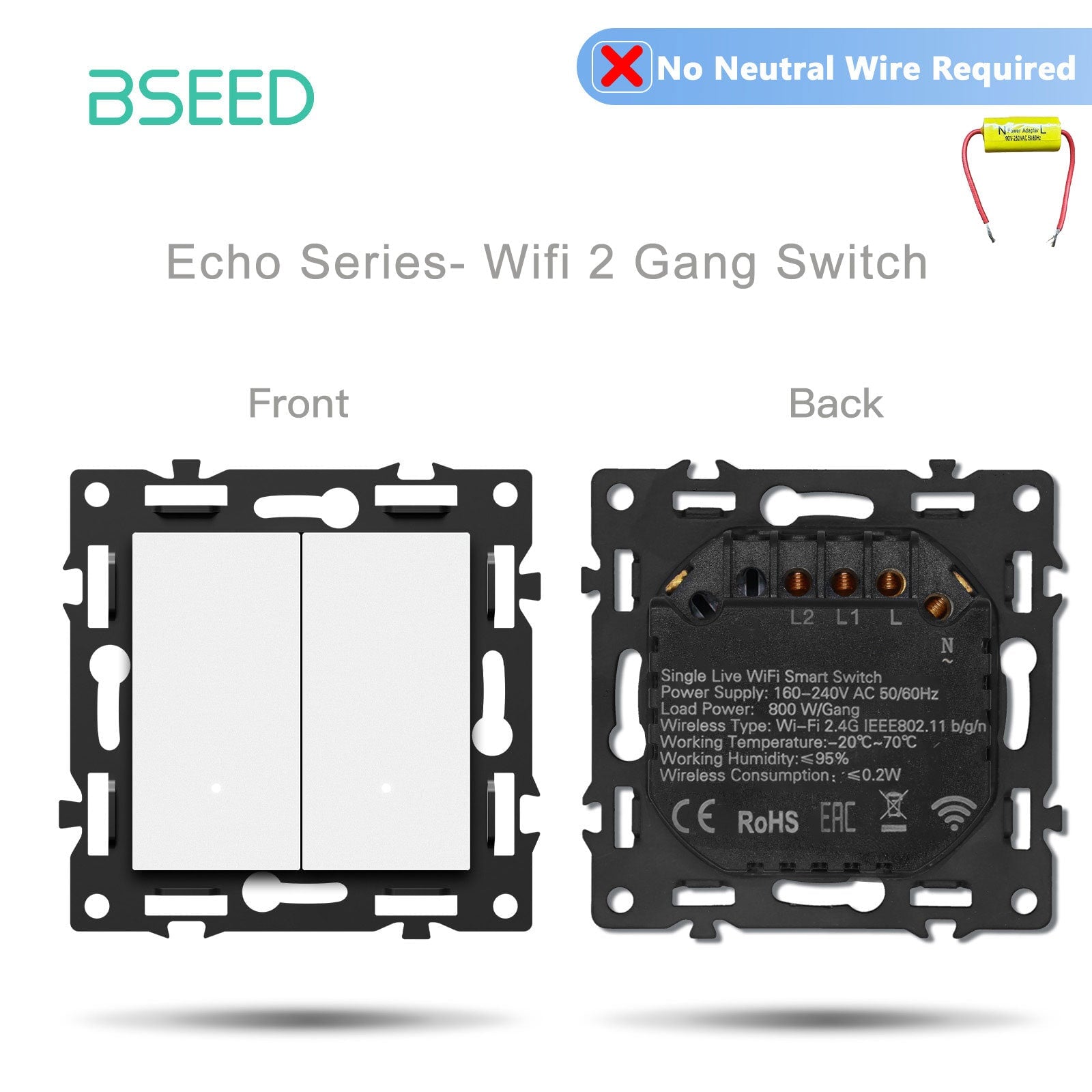 Interruptor inteligente WiFi Bseed de la serie Click, pieza de bricolaje con combinaciones personalizables, panel de cristal blanco, interruptor 2 Gang sin cable neutro. 
