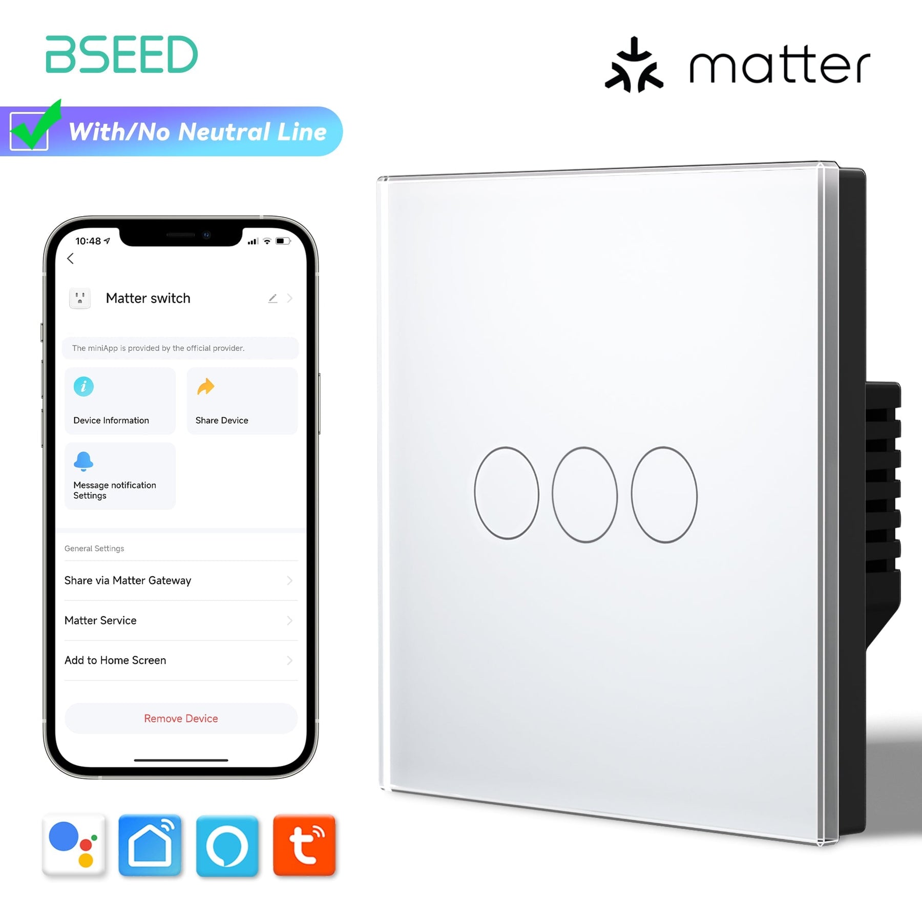 light switch inteligente Bseed Matter Wifi, interruptor de parede elétrico, interruptores de luz Bseed, branco, 1 unidade/embalagem, 3 Gang