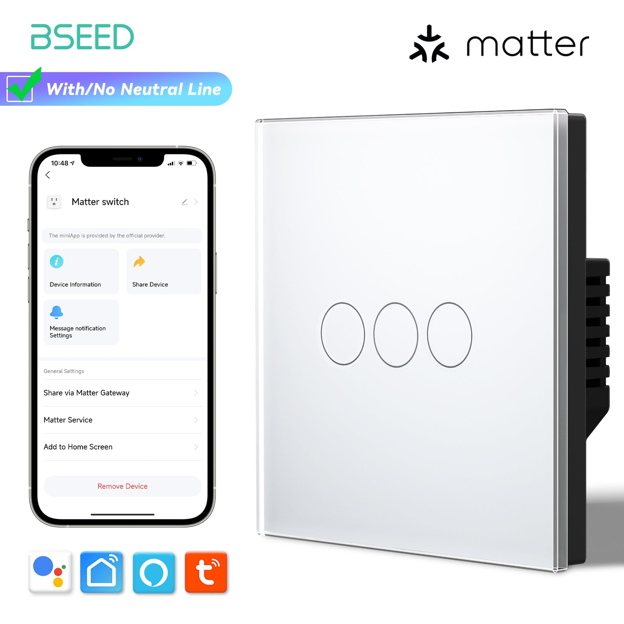 light switch inteligente Bseed Matter Wifi, interruptor de parede elétrico, interruptores de luz Bseed, branco, 1 unidade/embalagem, 3 Gang