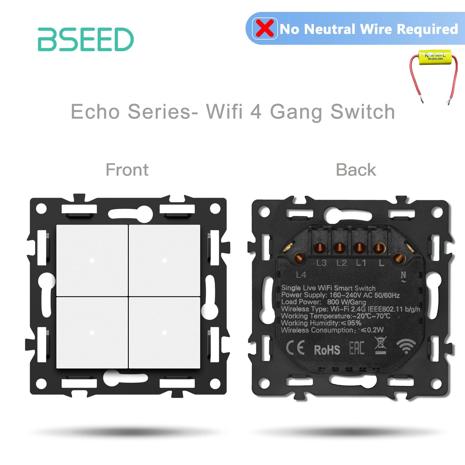 Interruptor inteligente WiFi Bseed de la serie Click, pieza de bricolaje con combinaciones personalizables, panel de cristal blanco, interruptor de 4 grupos sin cable neutro 