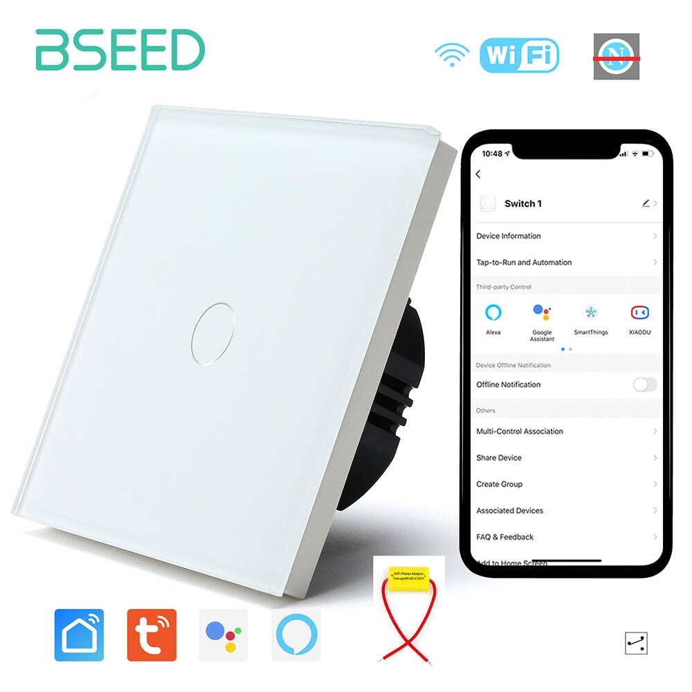 BSEED Single Line Wifi Light Switch 1/2/3 Gang 1/2/3 Way Smart Switch Wireless Wifi Switch Light Switches Bseedswitch White 1Gang 1PCS/pack
