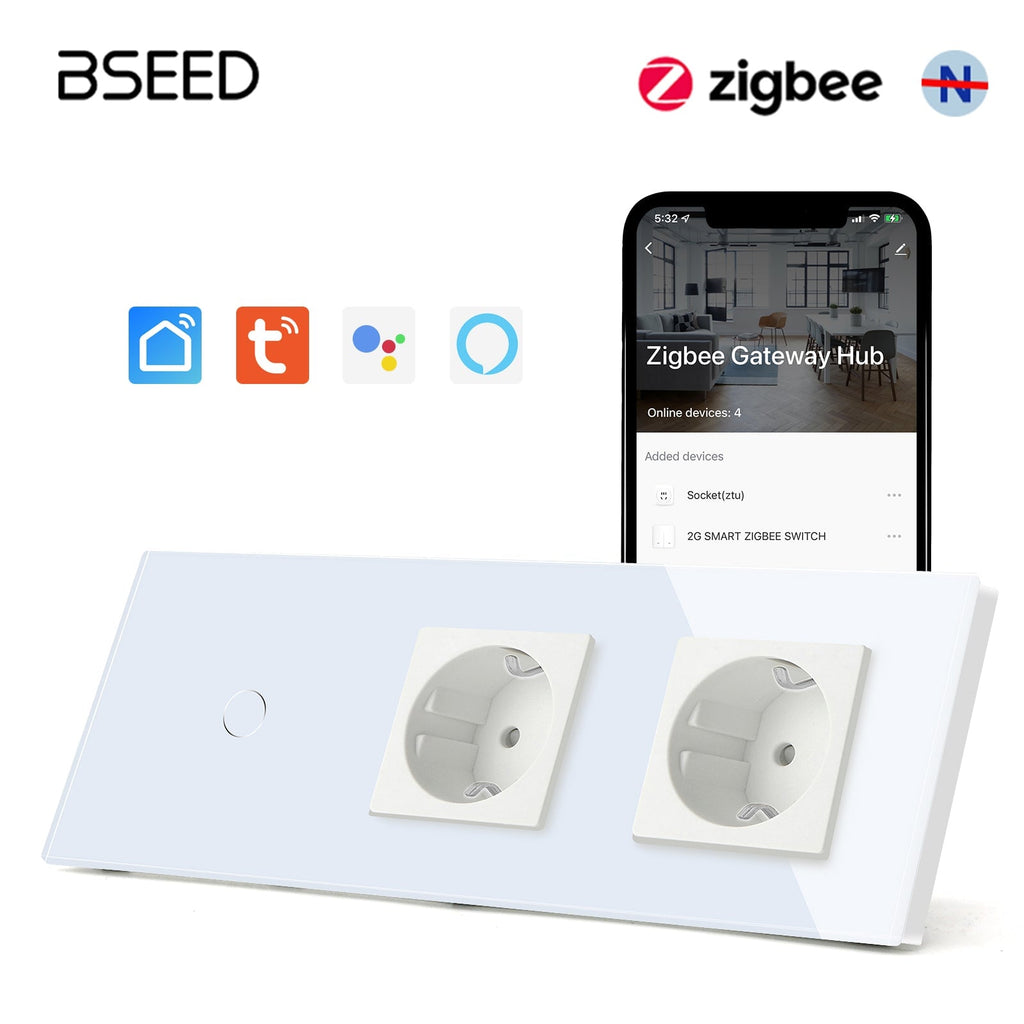 Bseed Zigbee Touch 1/2/3 Gang Light Switches Single Live Line Multi Control With Double EU Standard Not Smart Wall Sockets Light Switches Bseedswitch White 1Gang 