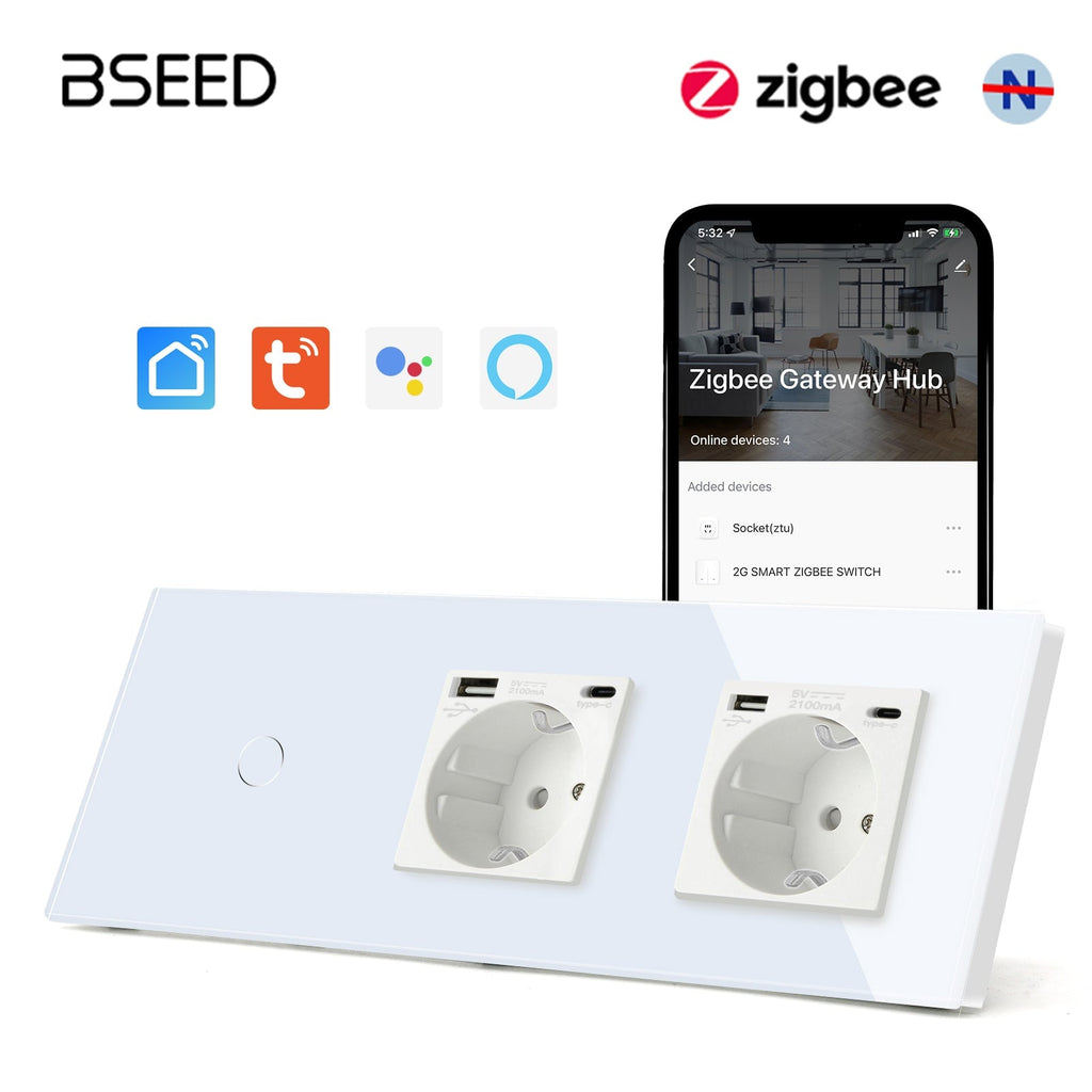 Bseed Zigbee Touch 1/2/3 Gang NO Neutral line Light Switches With Double EU Socket with USB-C Light Switches Bseedswitch White 1Gang 