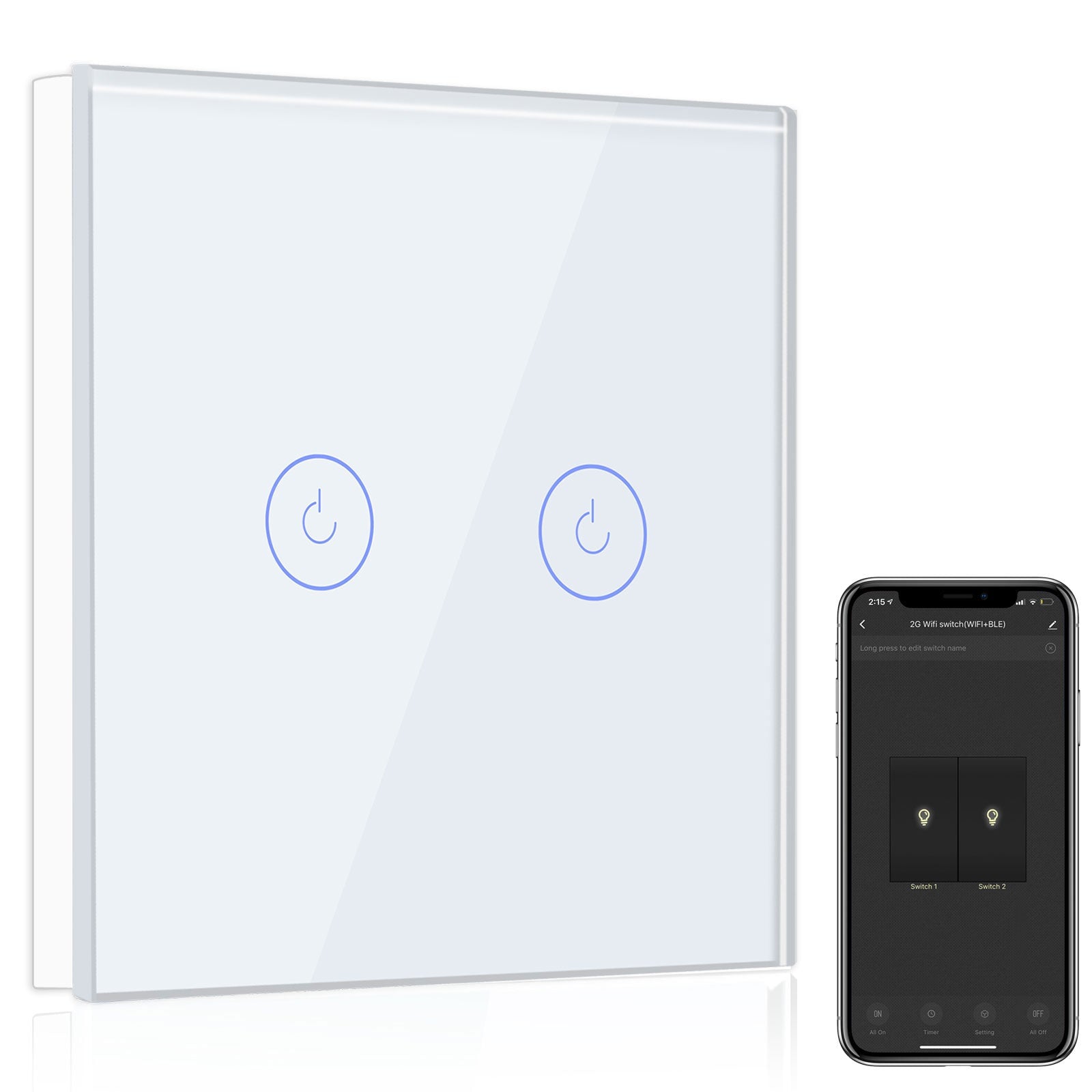 Bseed Smart Wifi Light Switch Wall Switch (With Neutral) Light Switches Bseedswitch White 1Pcs/Pack 2 Gang