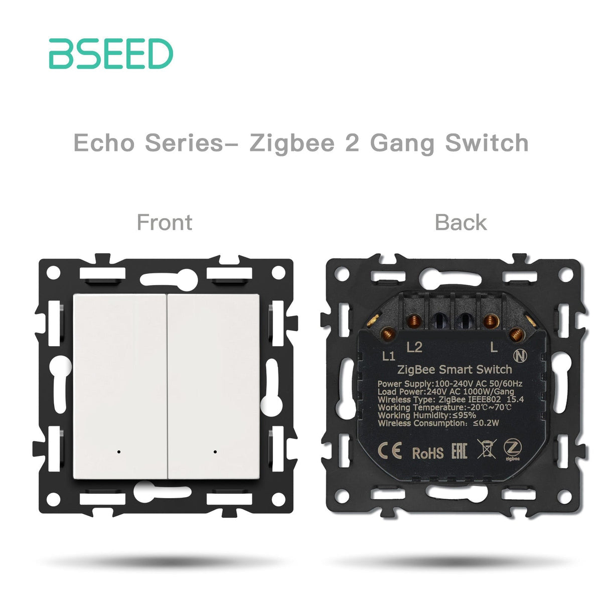 BSEED DIY Part Customized Free Combinations Mechanical Switch Socket Insert White Color Crystal Glass Panel Light Switches Bseedswitch Zigbee 2 Gang switch with Neutral 