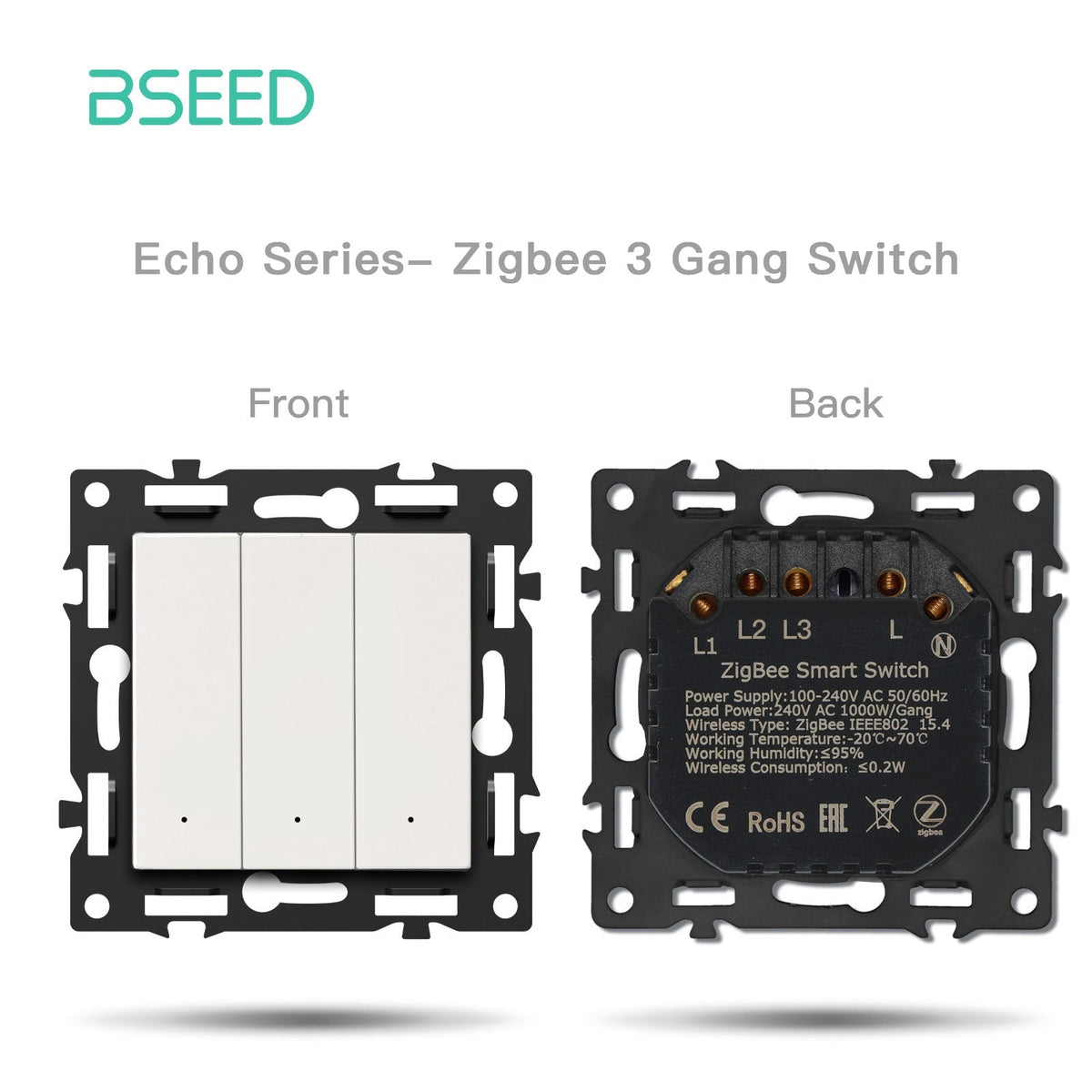 BSEED DIY Part Customized Free Combinations Mechanical Switch Socket Insert White Color Crystal Glass Panel Light Switches Bseedswitch Zigbee 3 Gang switch with Neutral 