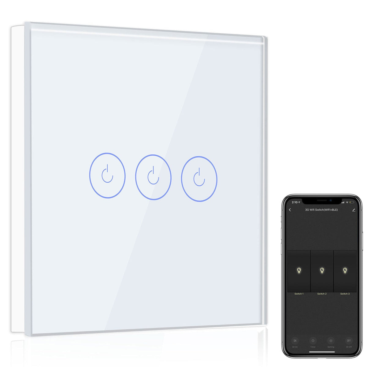 Bseed Smart Wifi Light Switch Wall Switch (With Neutral) Light Switches Bseedswitch White 1Pcs/Pack 3 Gang
