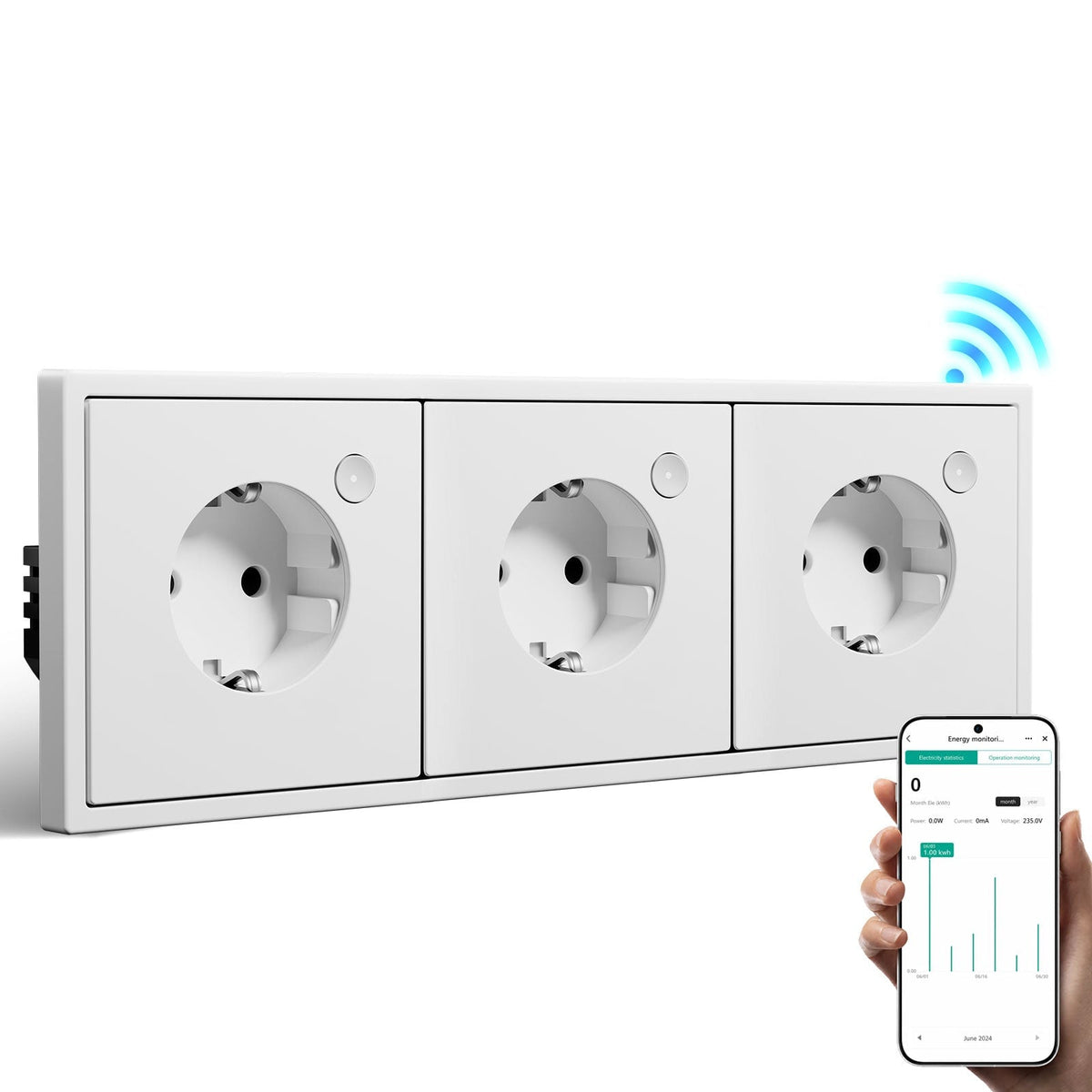 Prise intelligente Wi-Fi BSEED avec suivi de consommation, prise européenne connectée, triple, blanc, officiel Bseed 