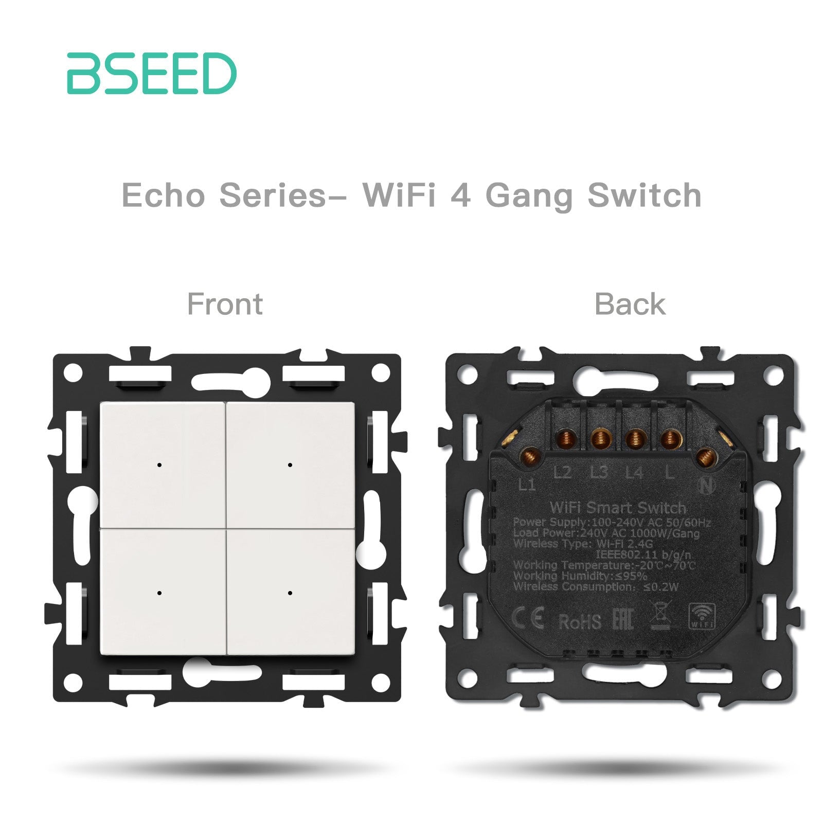 BSEED Pièce DIY personnalisable, combinaisons libres, interrupteur mécanique, prise, insert, panneau en verre cristal blanc, interrupteur d'éclairage Bseed, interrupteur Wi-Fi 4 gangs avec neutre 