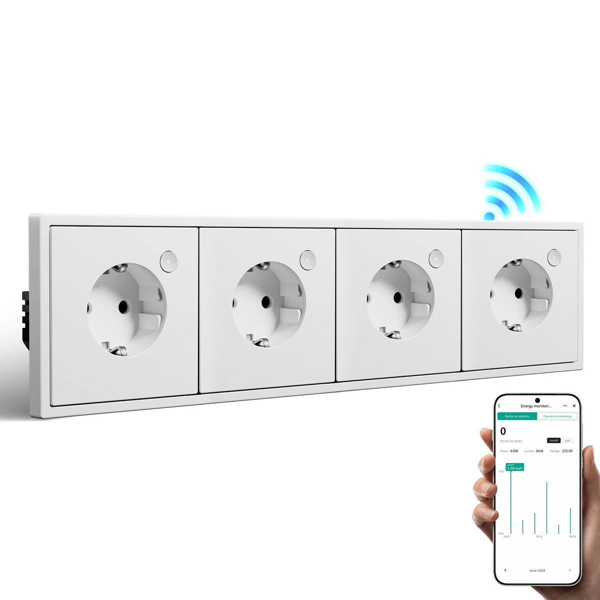 Prise intelligente Wi-Fi BSEED avec suivi de consommation, prise européenne connectée, quadruple, blanc, officiel Bseed 