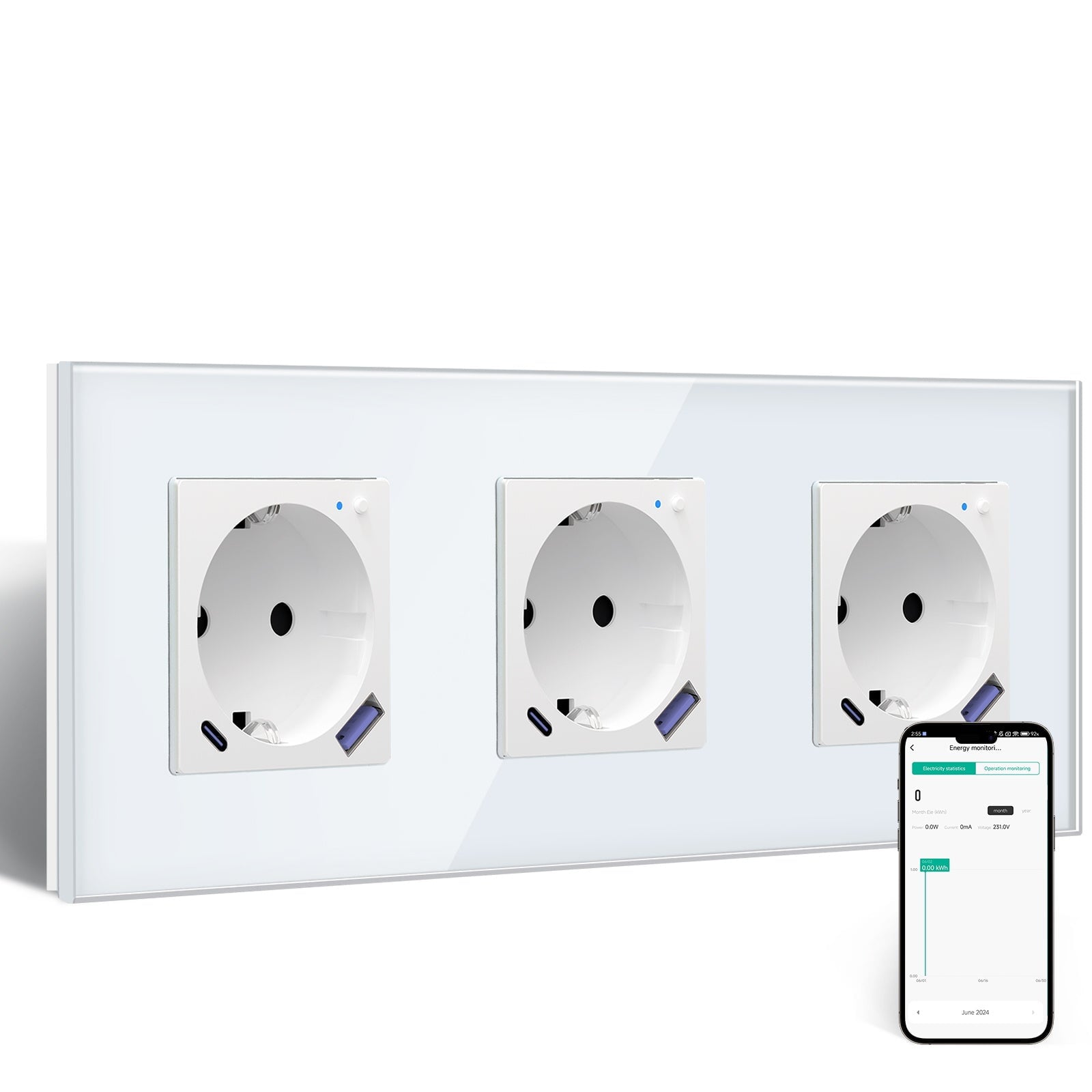 BSEED EU Wifi sockets Type-C With USB With Energy Monitoring socket Bseedswitch White Tripe 