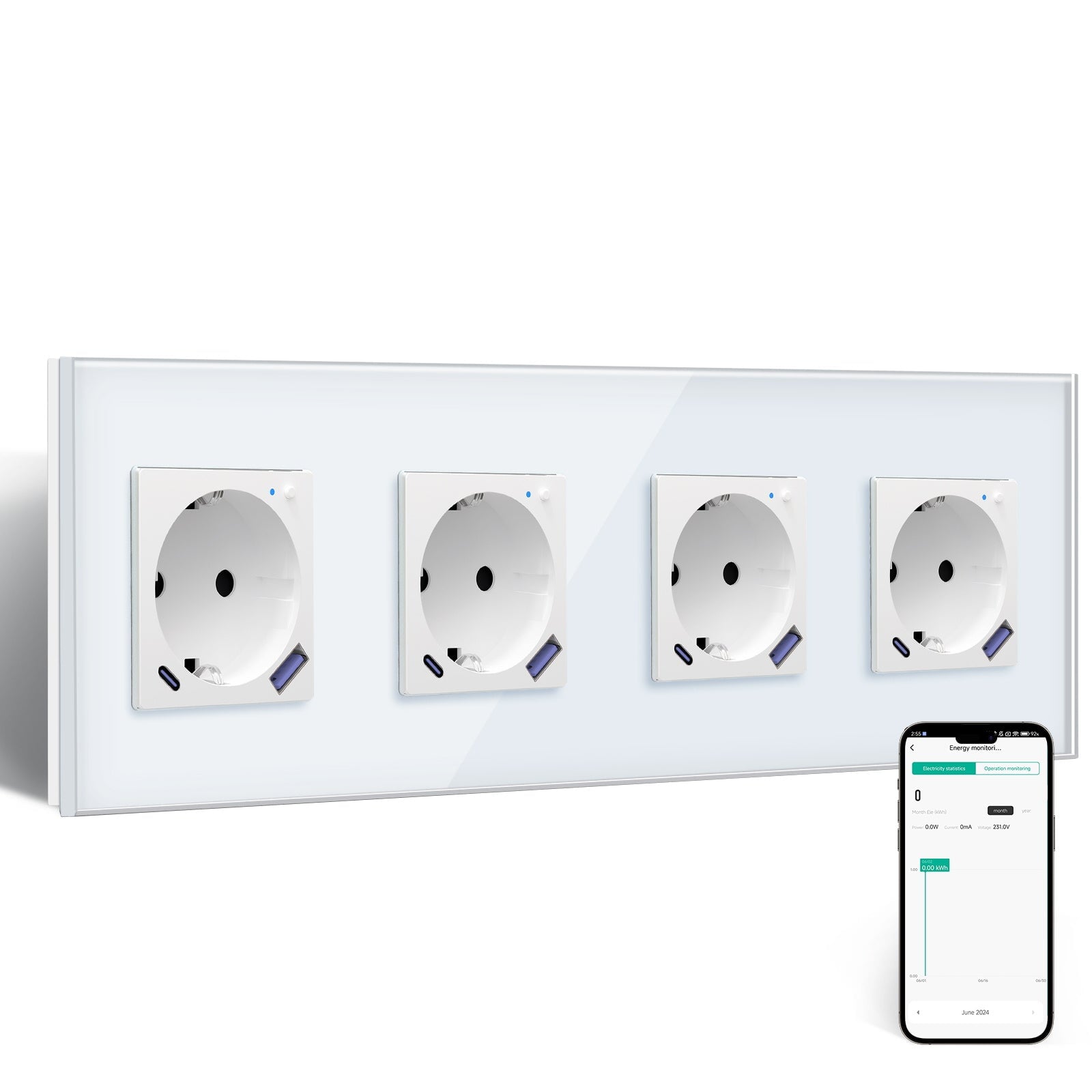 BSEED EU Wifi sockets Type-C With USB With Energy Monitoring socket Bseedswitch White Quadruple 