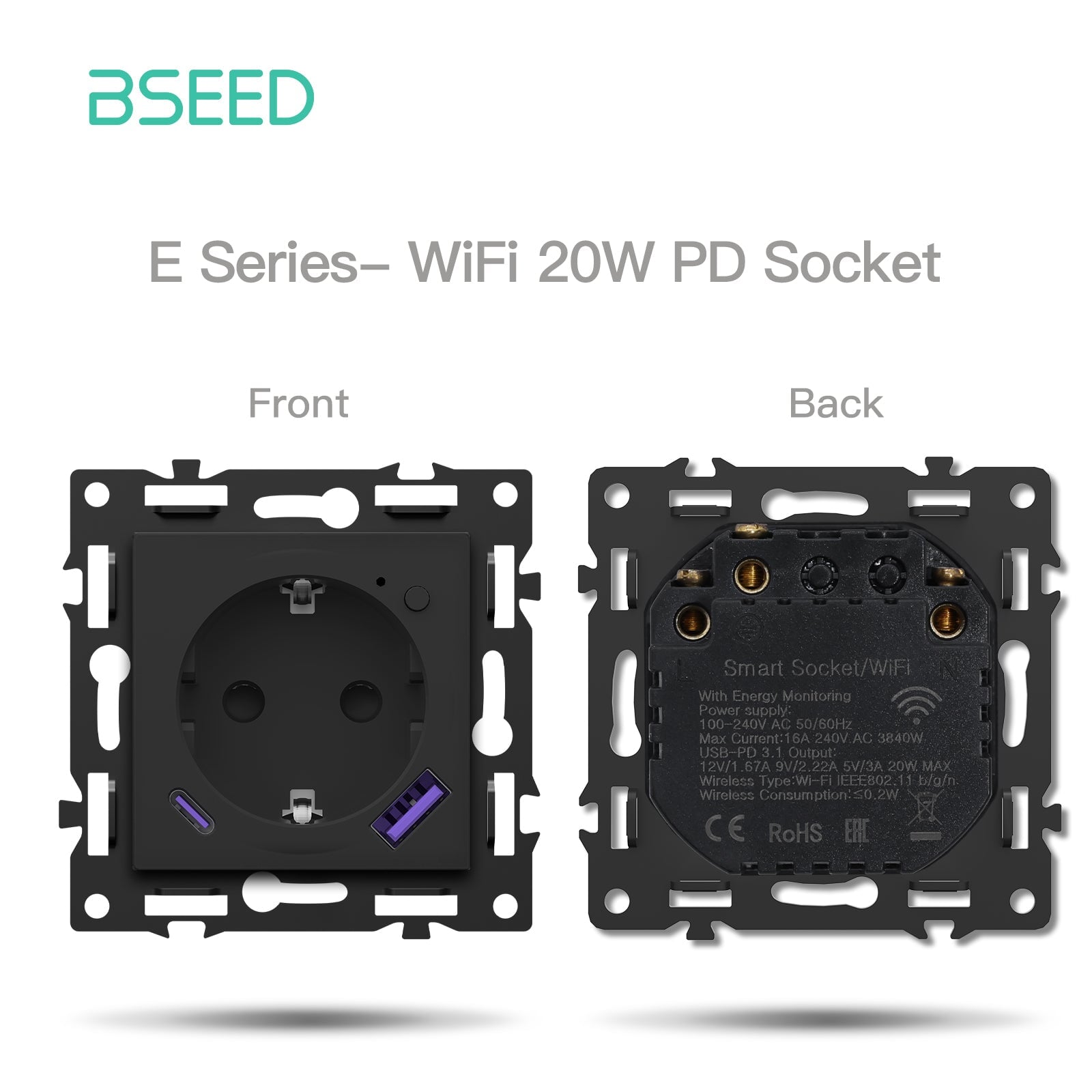 BSEED DIY Part Customized Free Combinations Mechanical Switch Socket Insert Black Color Crystal Glass Panel Light Switches Bseedswitch Wifi EU Socket with Monitoring with 20W USB-C 