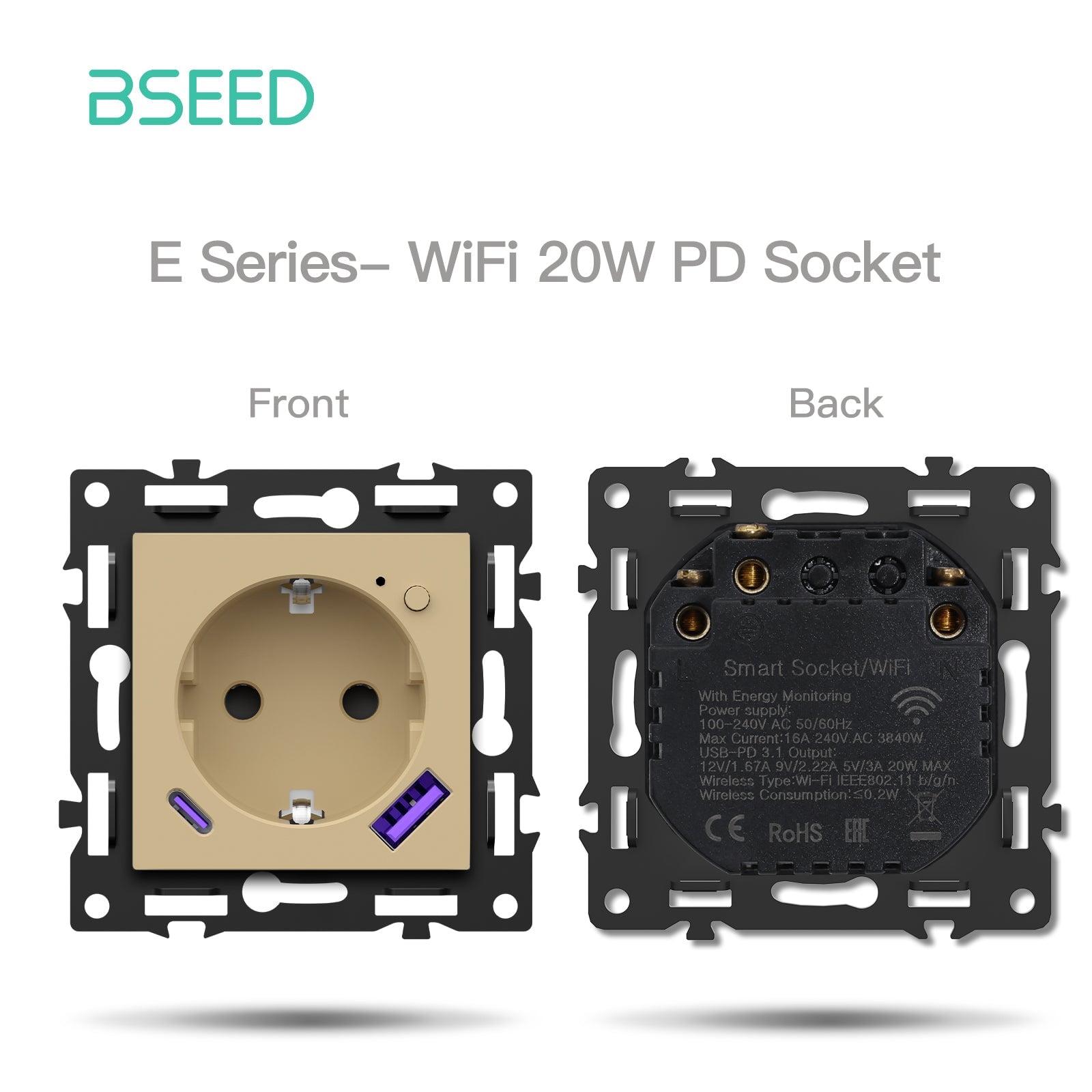 Click Series DIY Part Customized Free Combinations Smart Wifi Switch Socket Insert Gold Color Crystal Glass Panel Light Switches Bseedswitch Wifi EU Socket with Energy Monitoring with 20W AC 